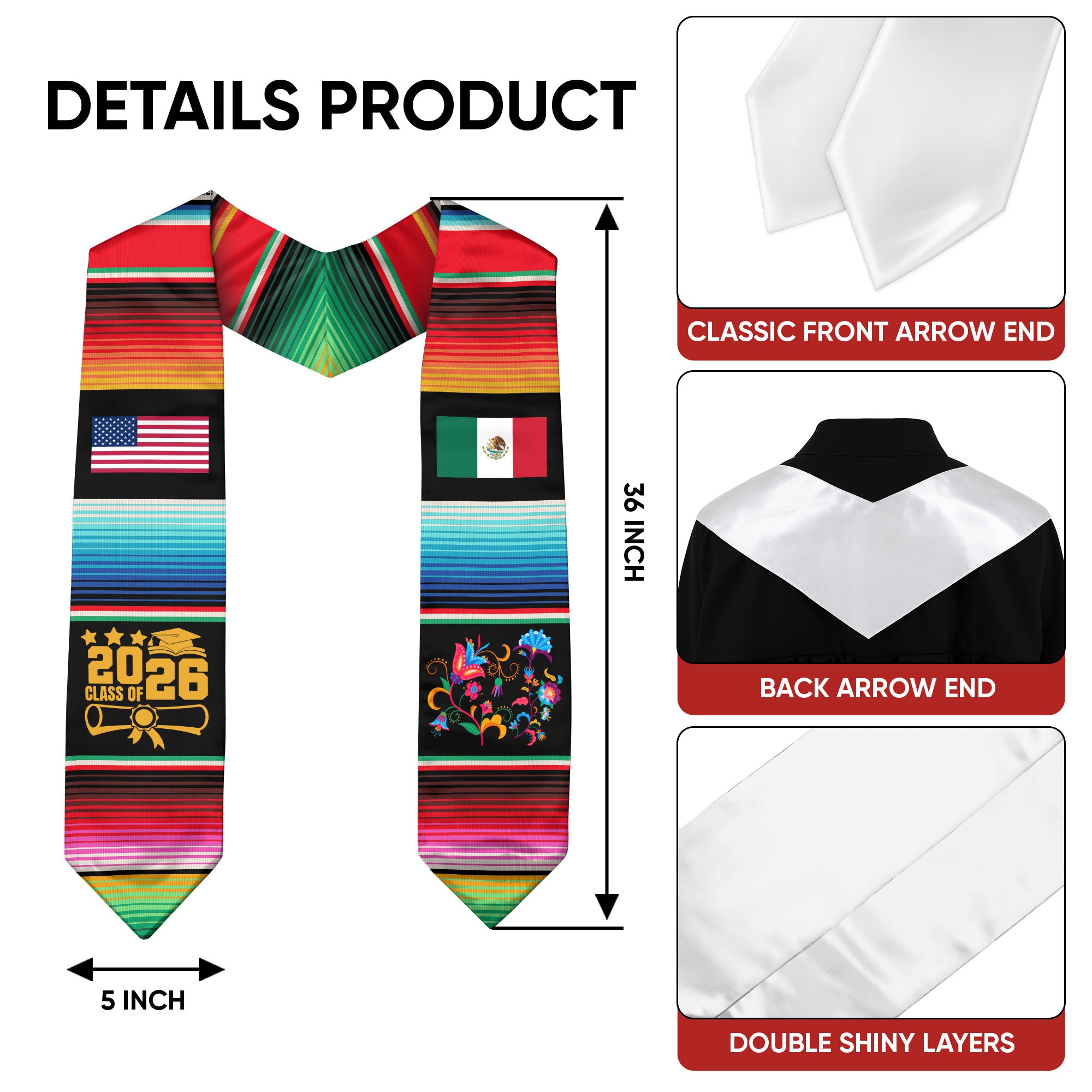 Mexican Flag Grad Sash 2026, Mexican Grad Sash, Mexican Stole, Mexico Grad Stole