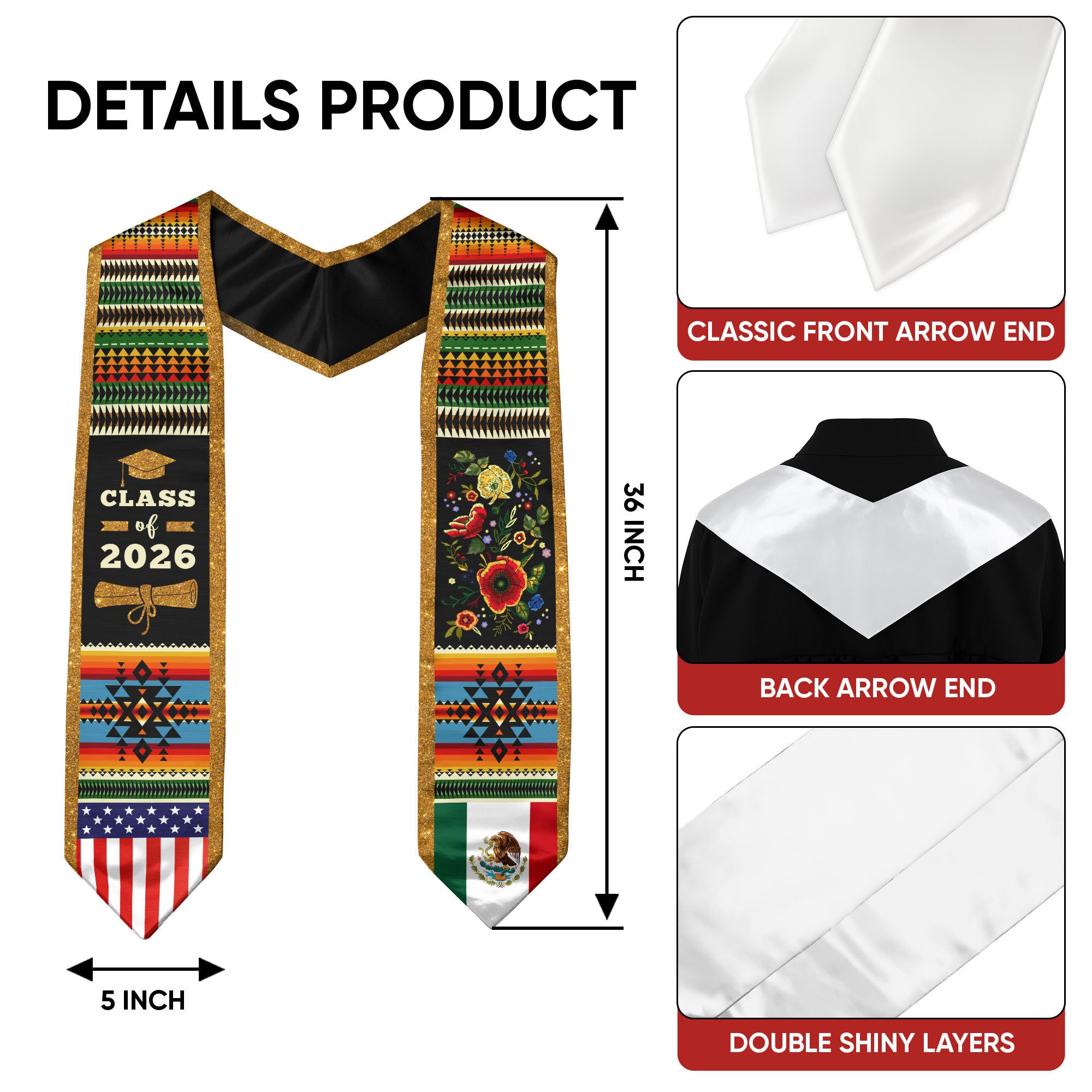 Mexico Graduation Stole 2026, Mexican Stole, Mexican American Flag Graduation Sash