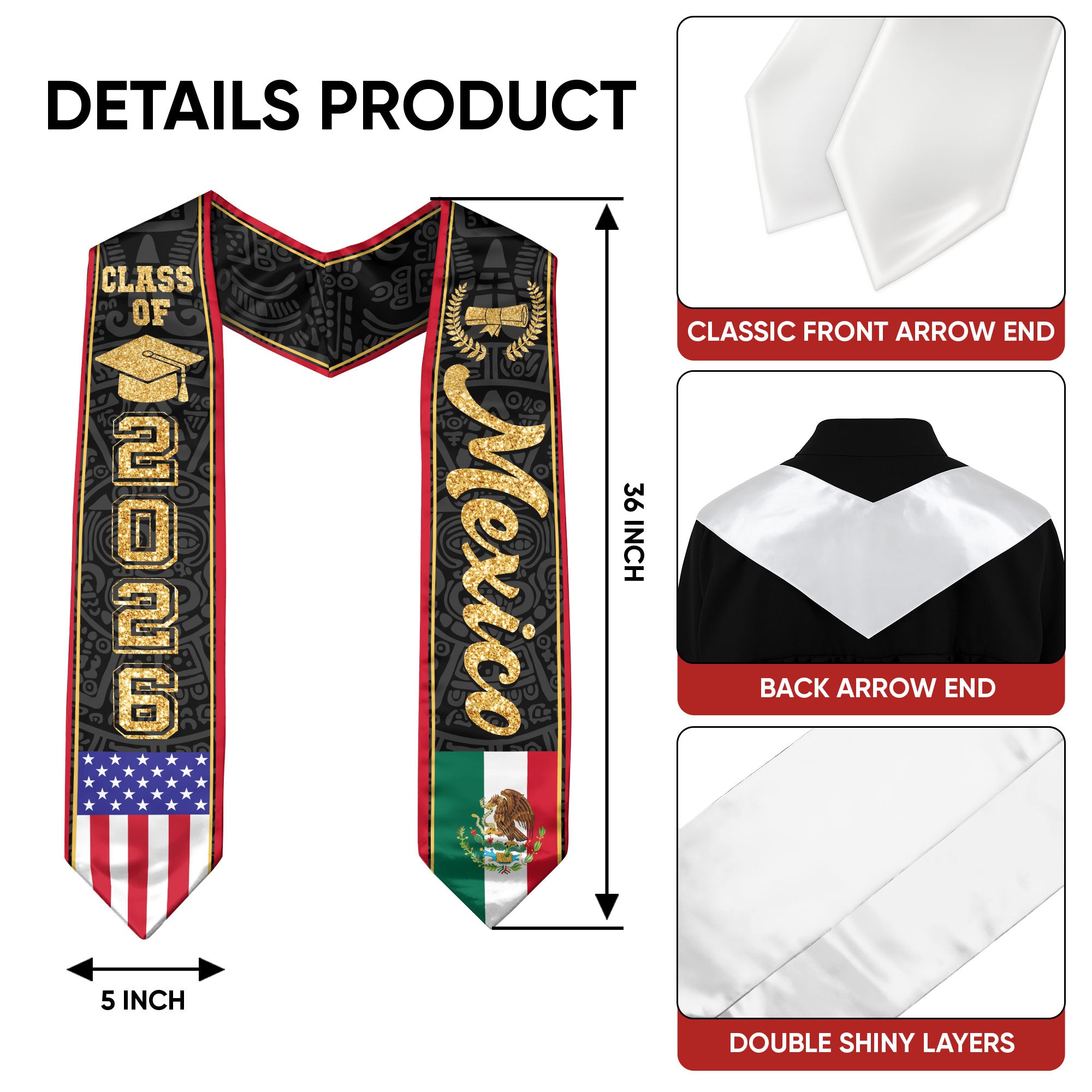 Mexico Graduation Stole 2026, Mexican Flag Sash, Ready-to-Wear Classic for Ceremony