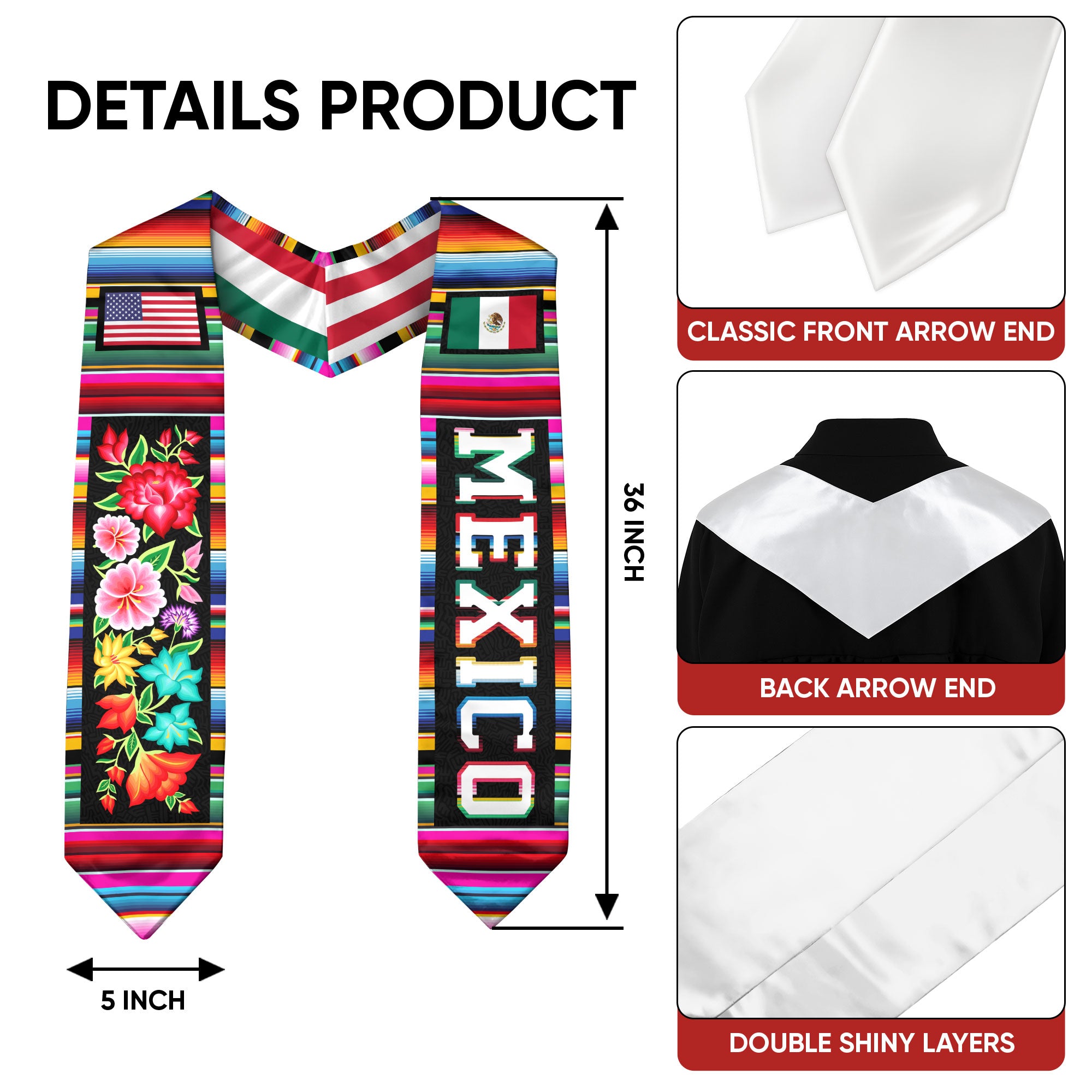 2026 Mexican Flag Graduation Stole, Mexico Sash for Graduates, Traditional Wear Style