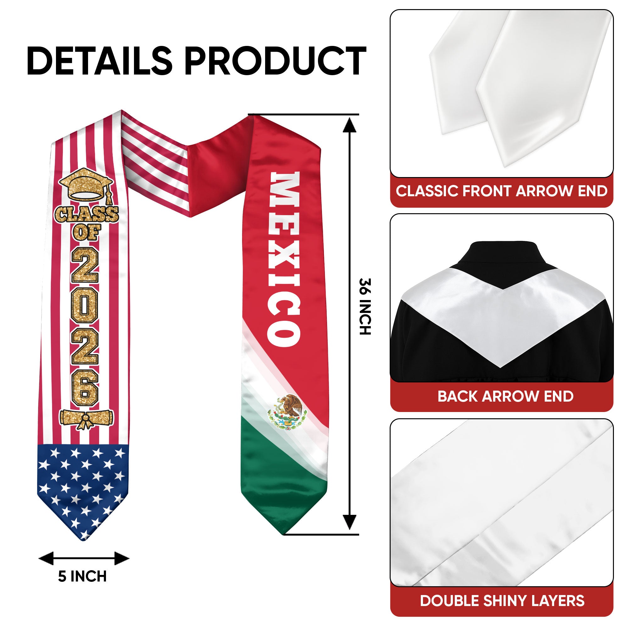 Mexican Graduation Sash 2026, Mexico Flag Stole, Standard Graduation Accessory for Grads