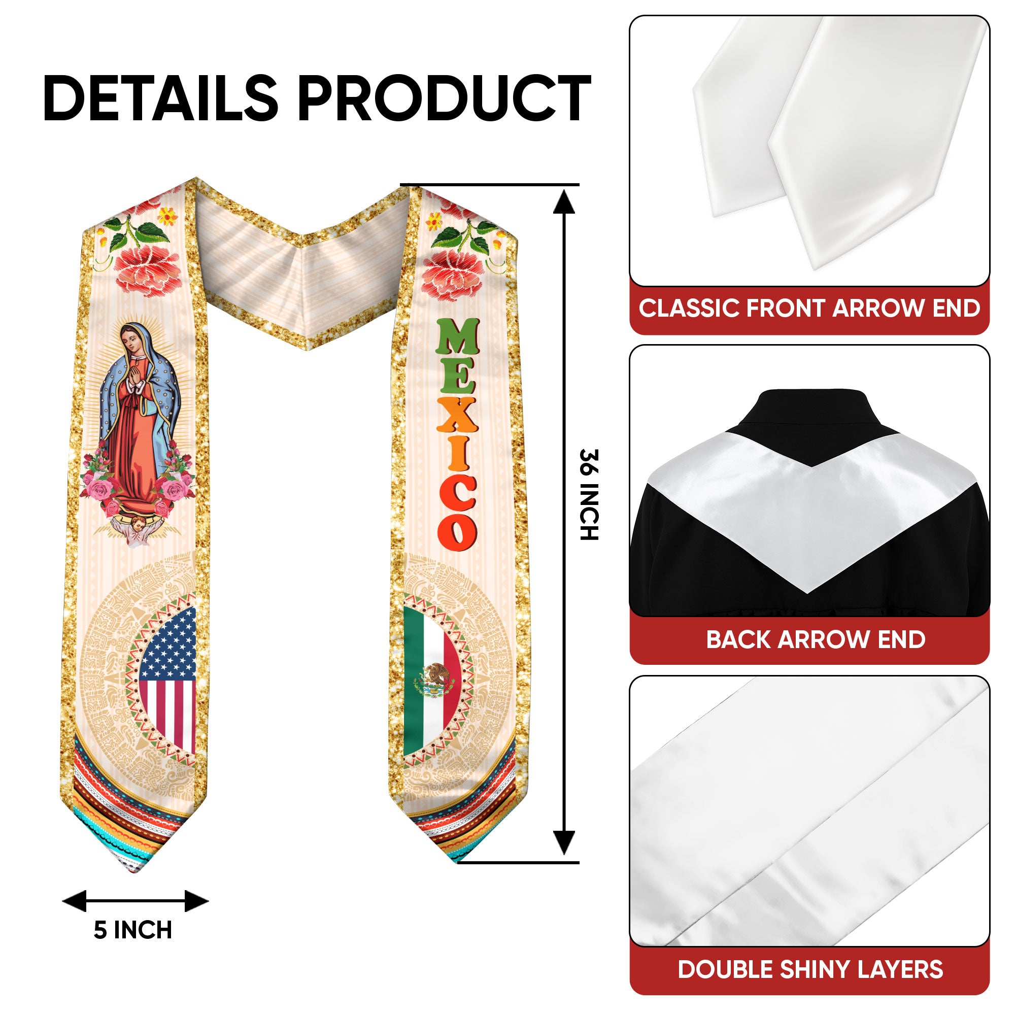 2026 Mexico Graduation Stole, Mexican Flag Sash, Traditional Stole for Graduation Day