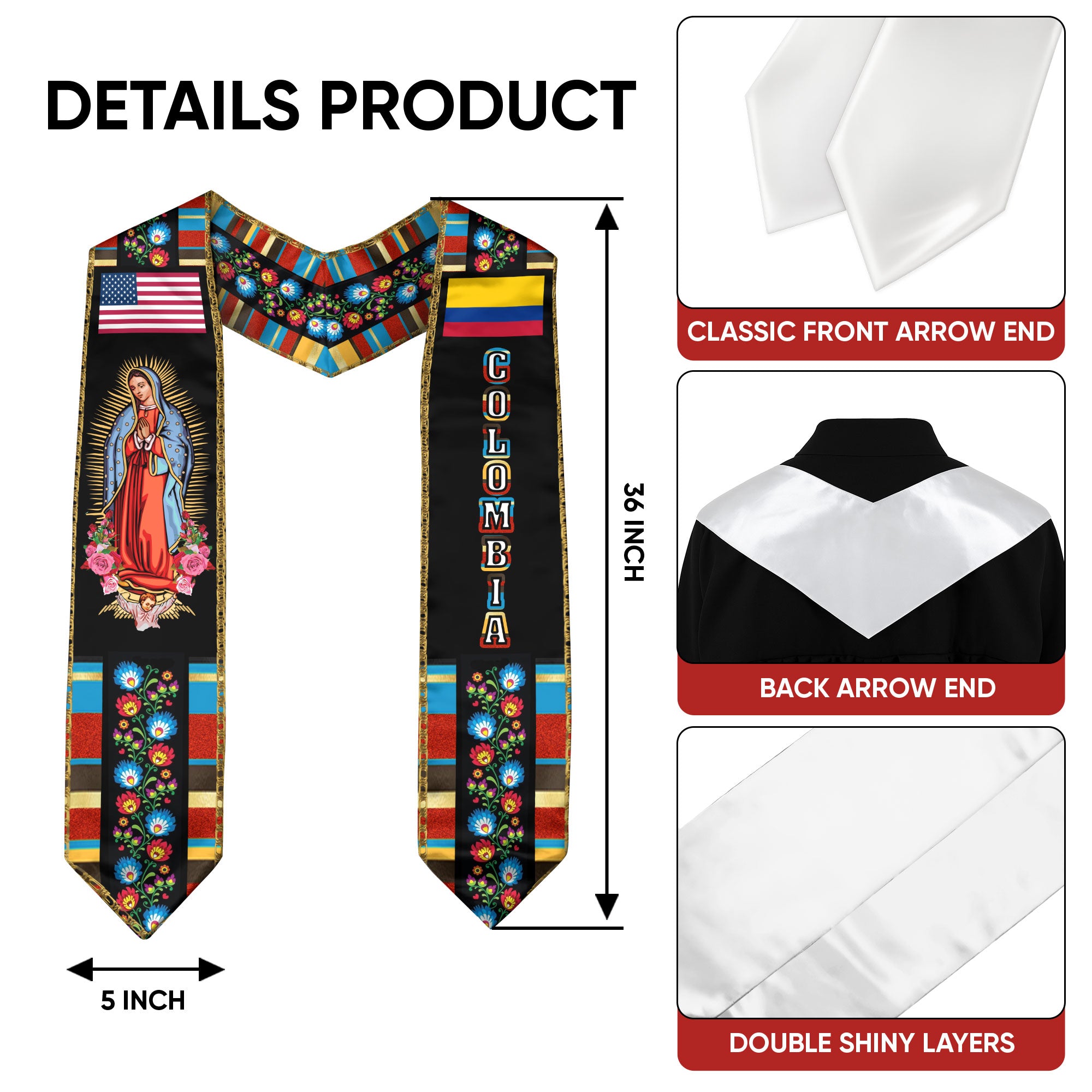 Colombian Flag Graduation Stole 2026, Traditional Graduation Sash for Colombia Graduates Class of 2026