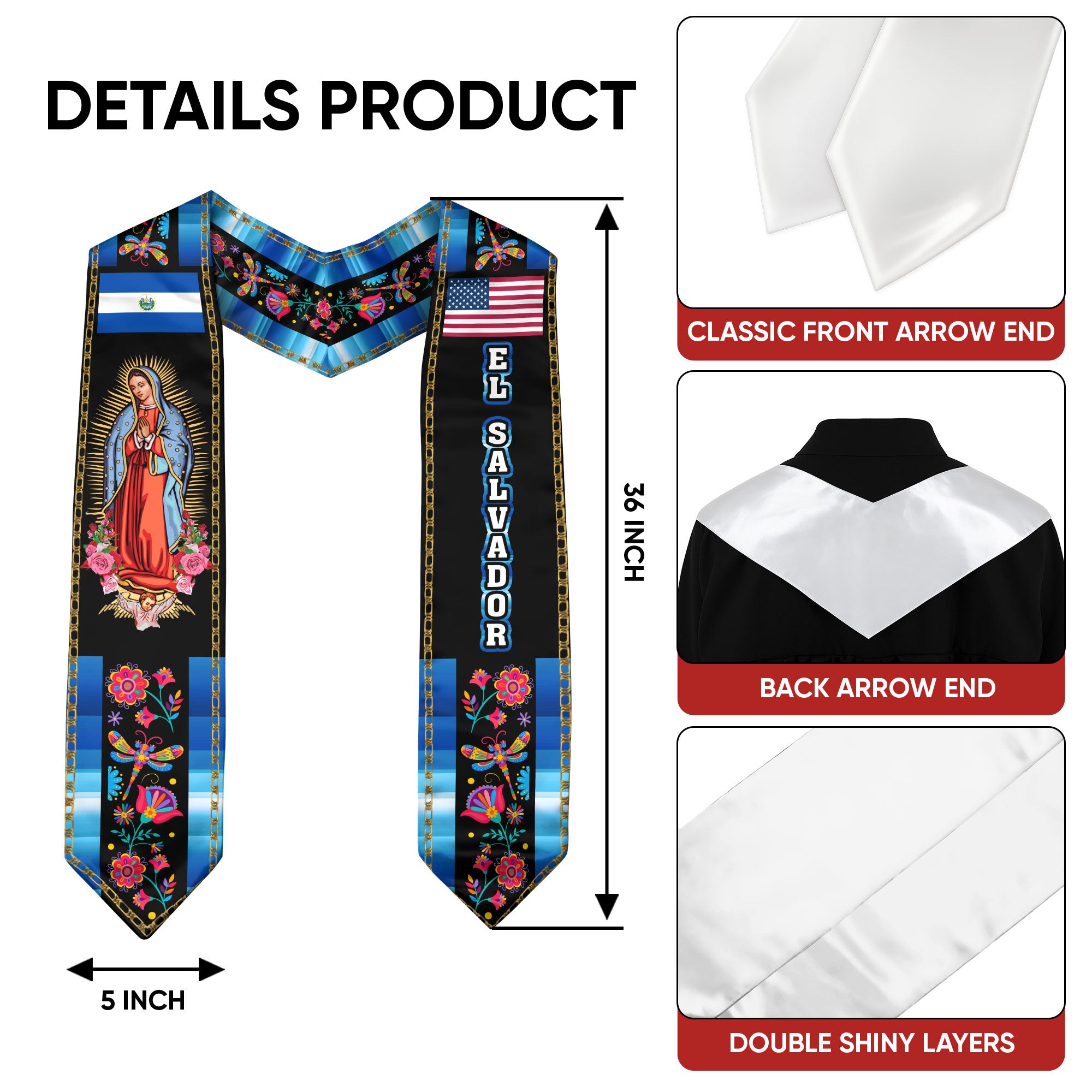 El Salvador Graduation Sash with Salvadoran Flag, Classic Graduation Stole Class of 2026