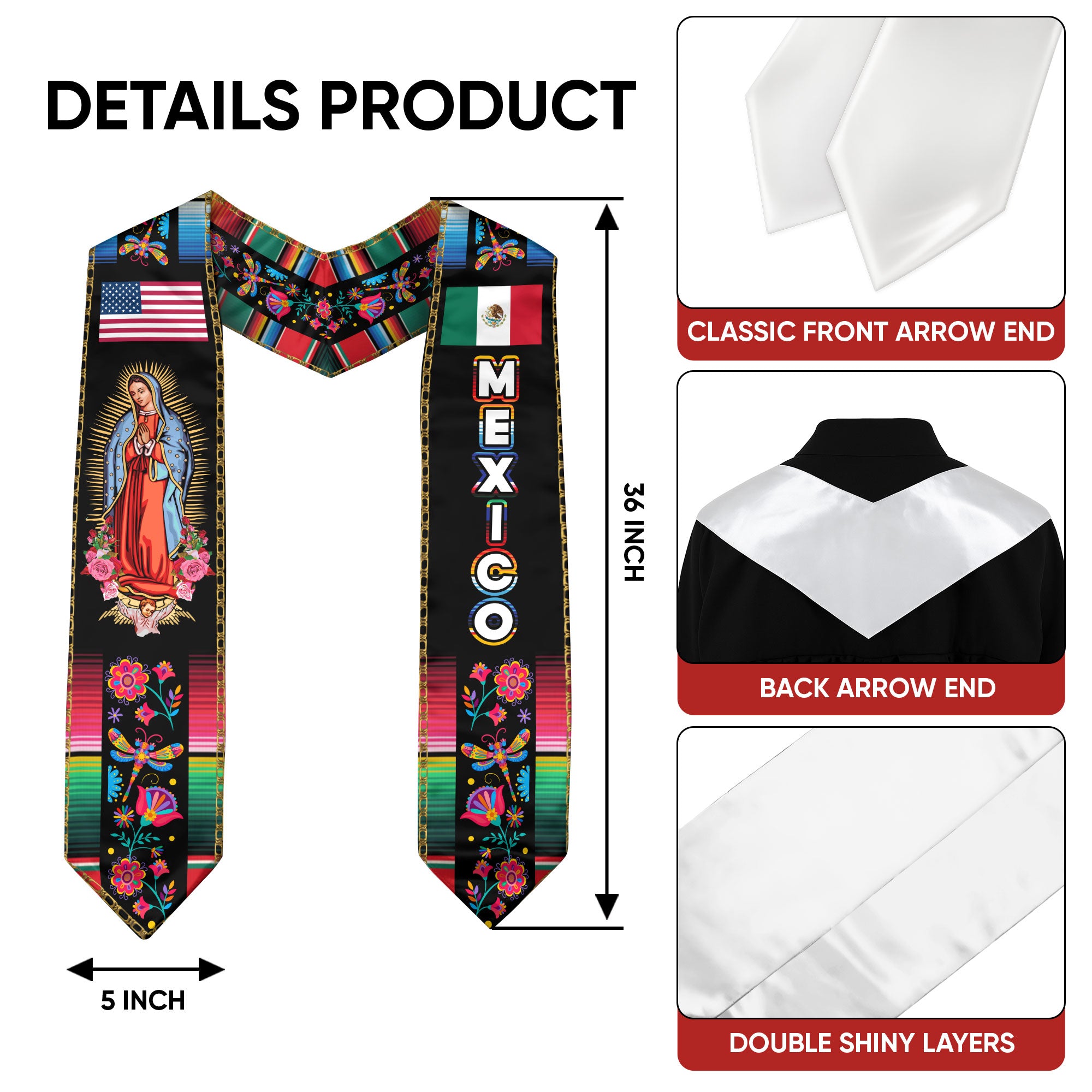 Mexican Flag Graduation Stole 2026, Mexico Graduation Sash, Classic Stole for Photos