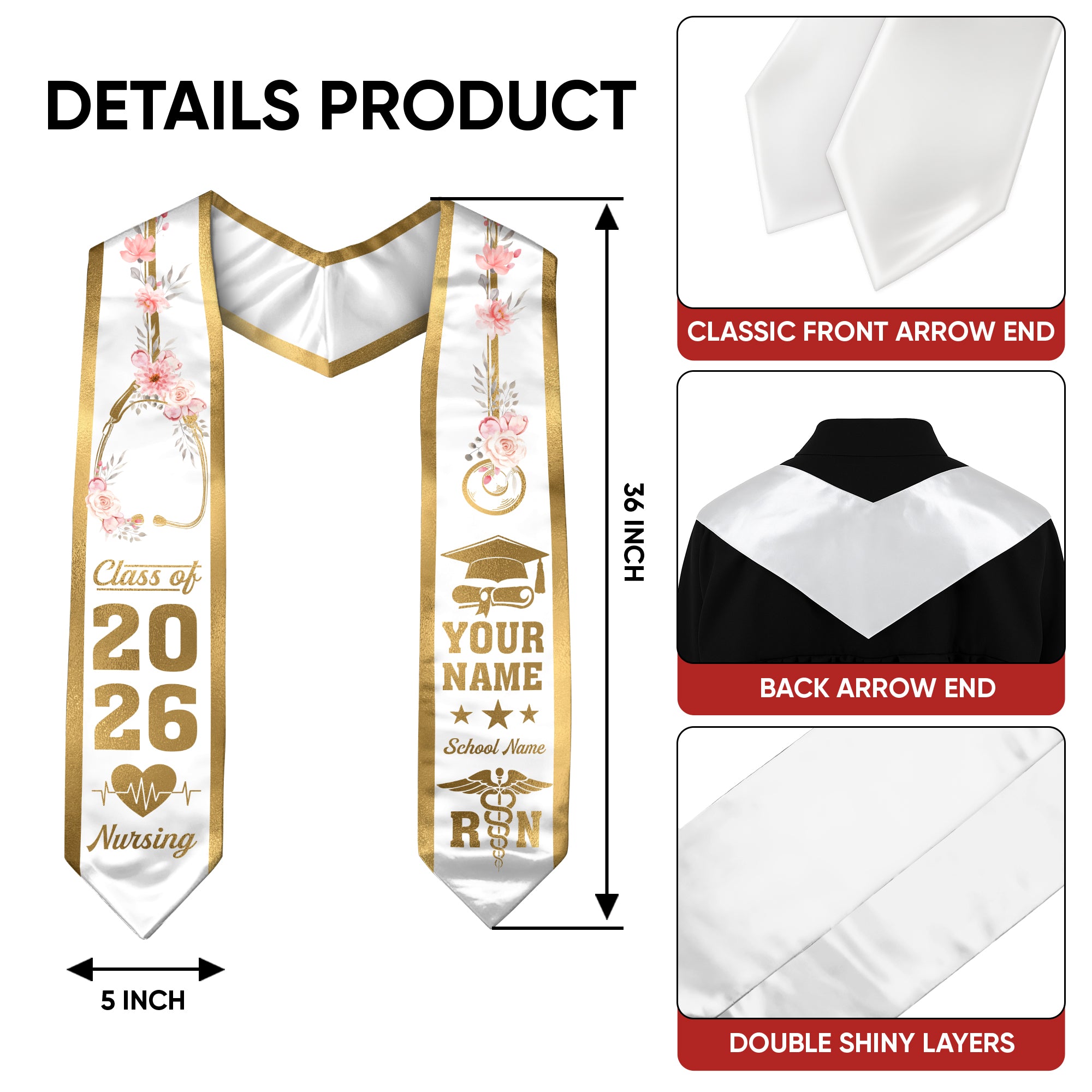 Customized RN Graduation Stole, Nursing Graduation Sash for BSN Nurses, Class of 2026
