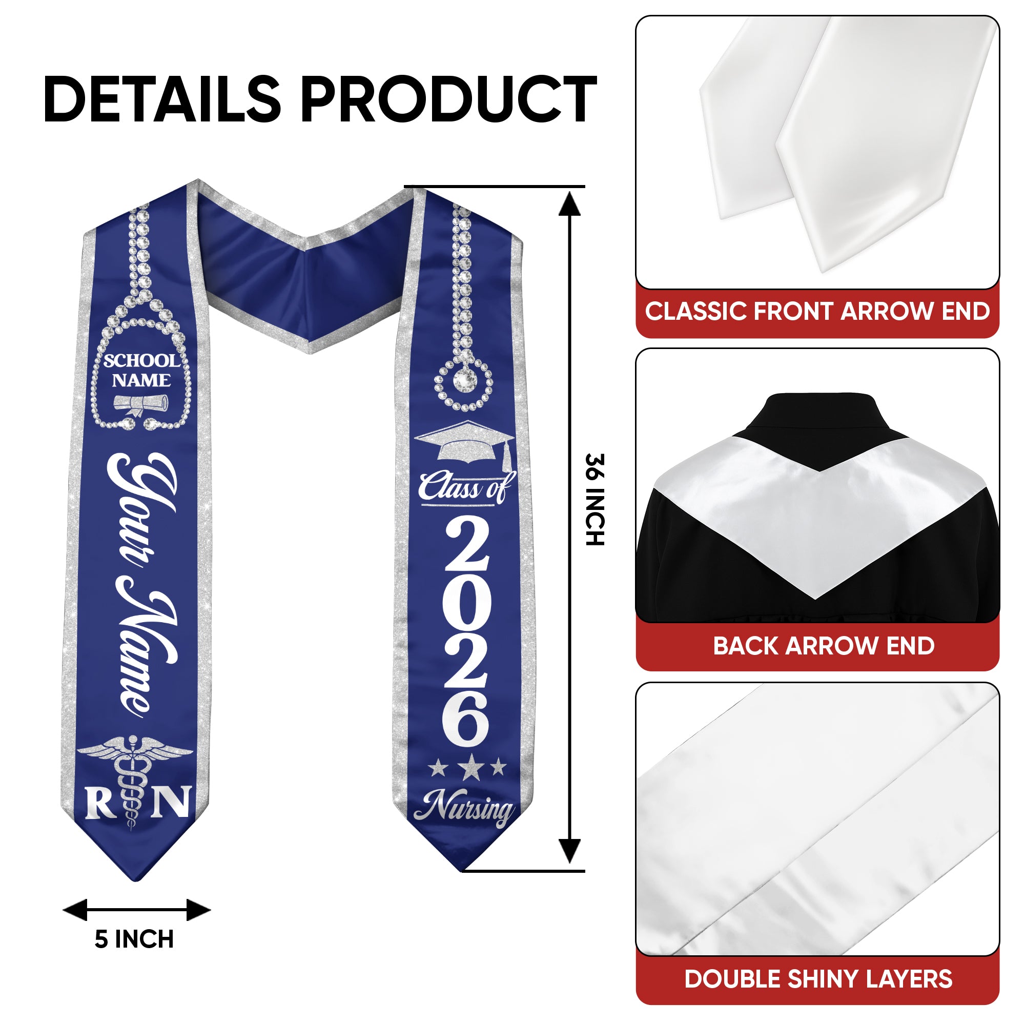 Customized RN Nurse Graduation Stole, BSN Nursing Graduation Sash for Class of 2026