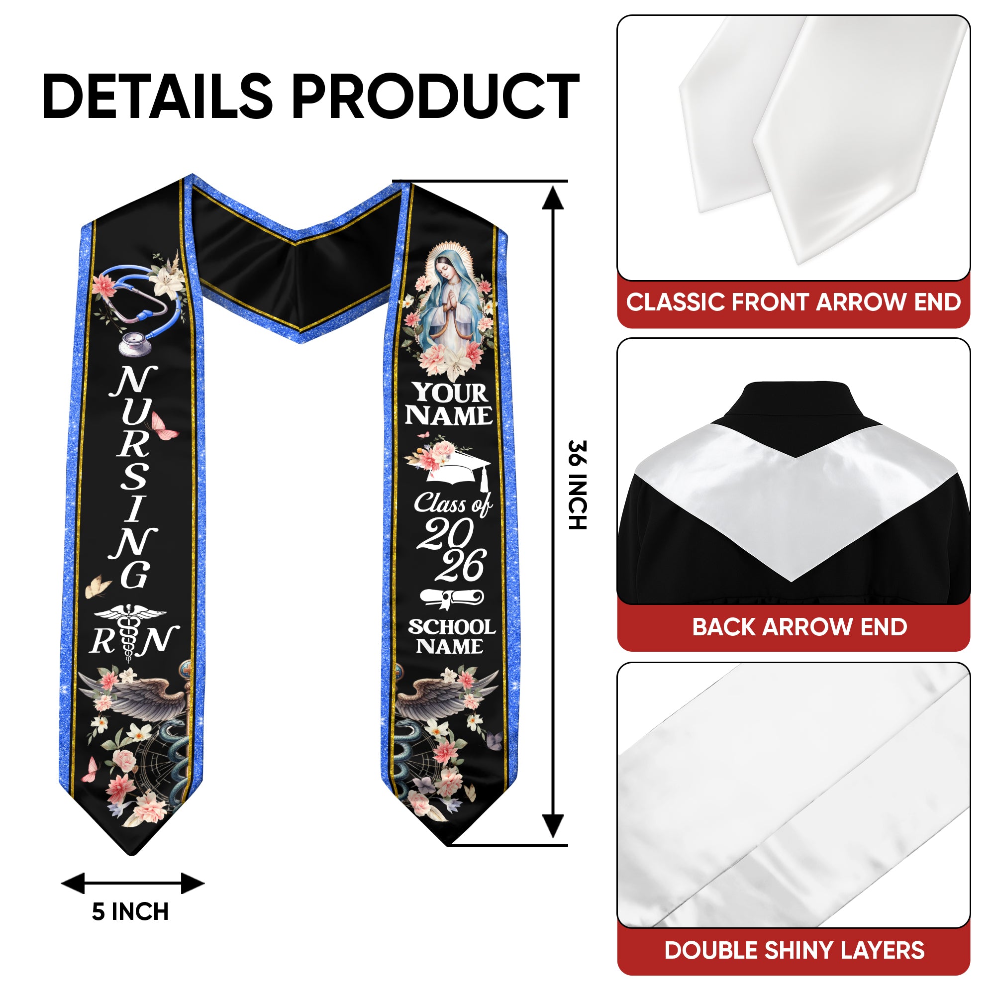 Customized RN and BSN Graduation Stole, Nursing Graduation Sash for Class of 2026