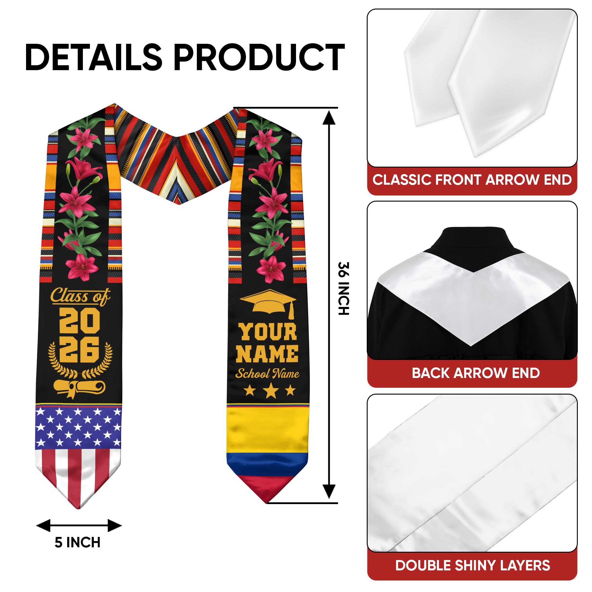 Customized Colombia Graduation Stole, Colombian Flag Stole, Custom Graduation Sash 2026, Class of 2026