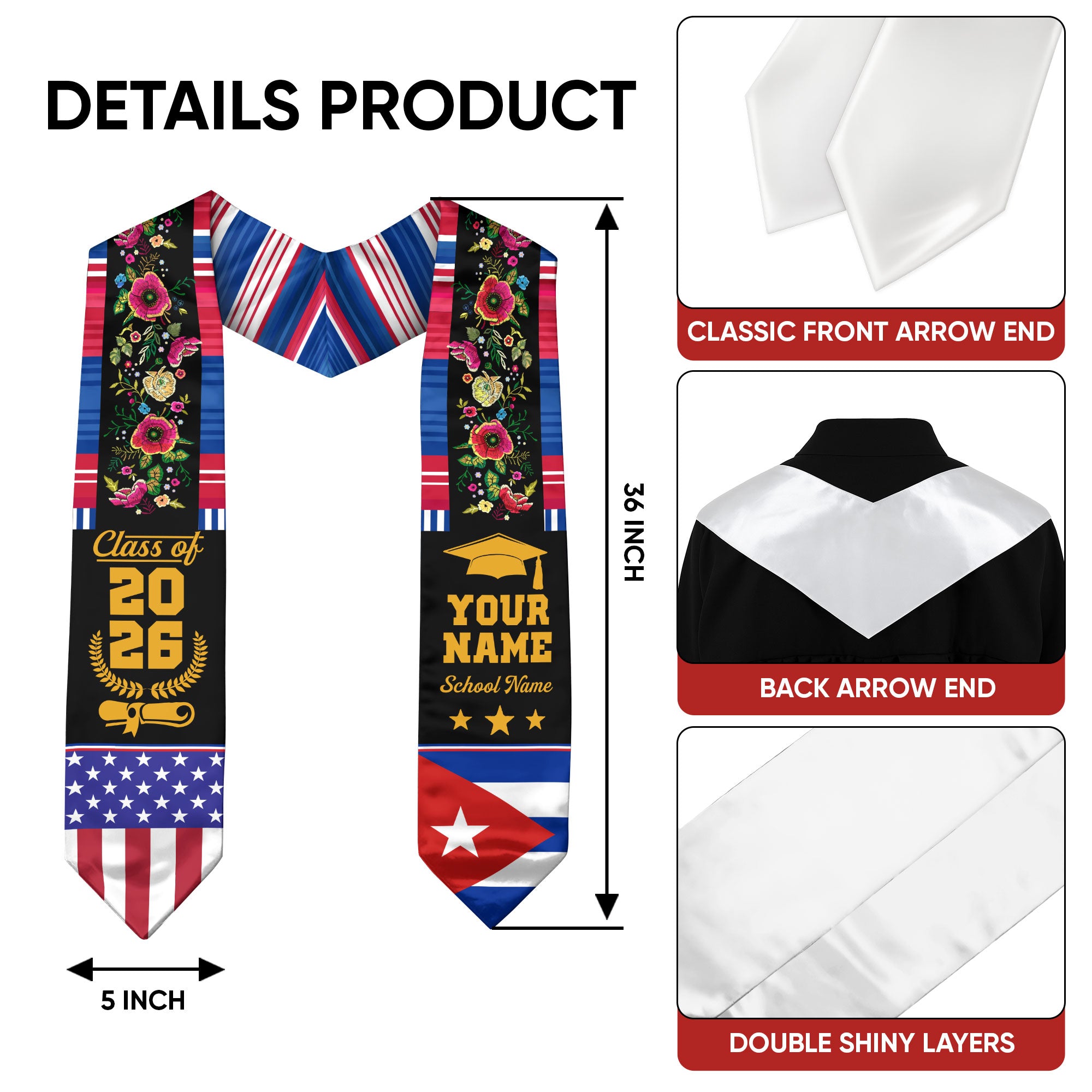 Cuba Graduation Stole 2026, Cuban Flag Sash, Add Personal Detail Option