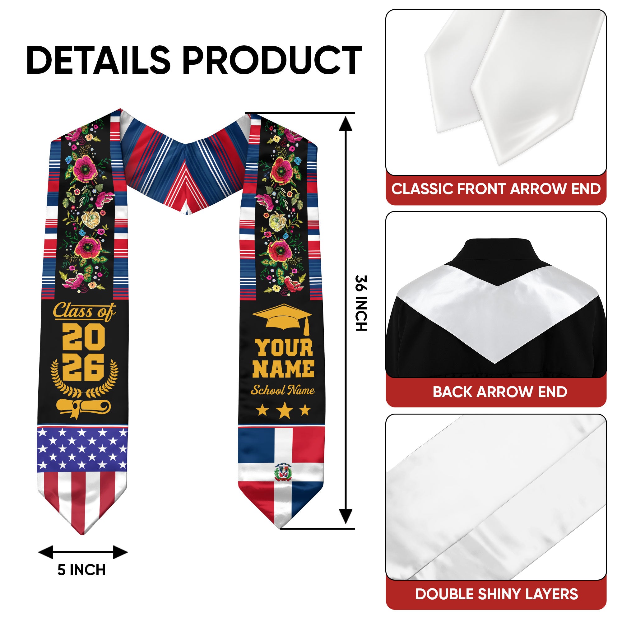 Dominican Republic Graduation Stole 2026, Dominican Flag Sash, Custom Detail