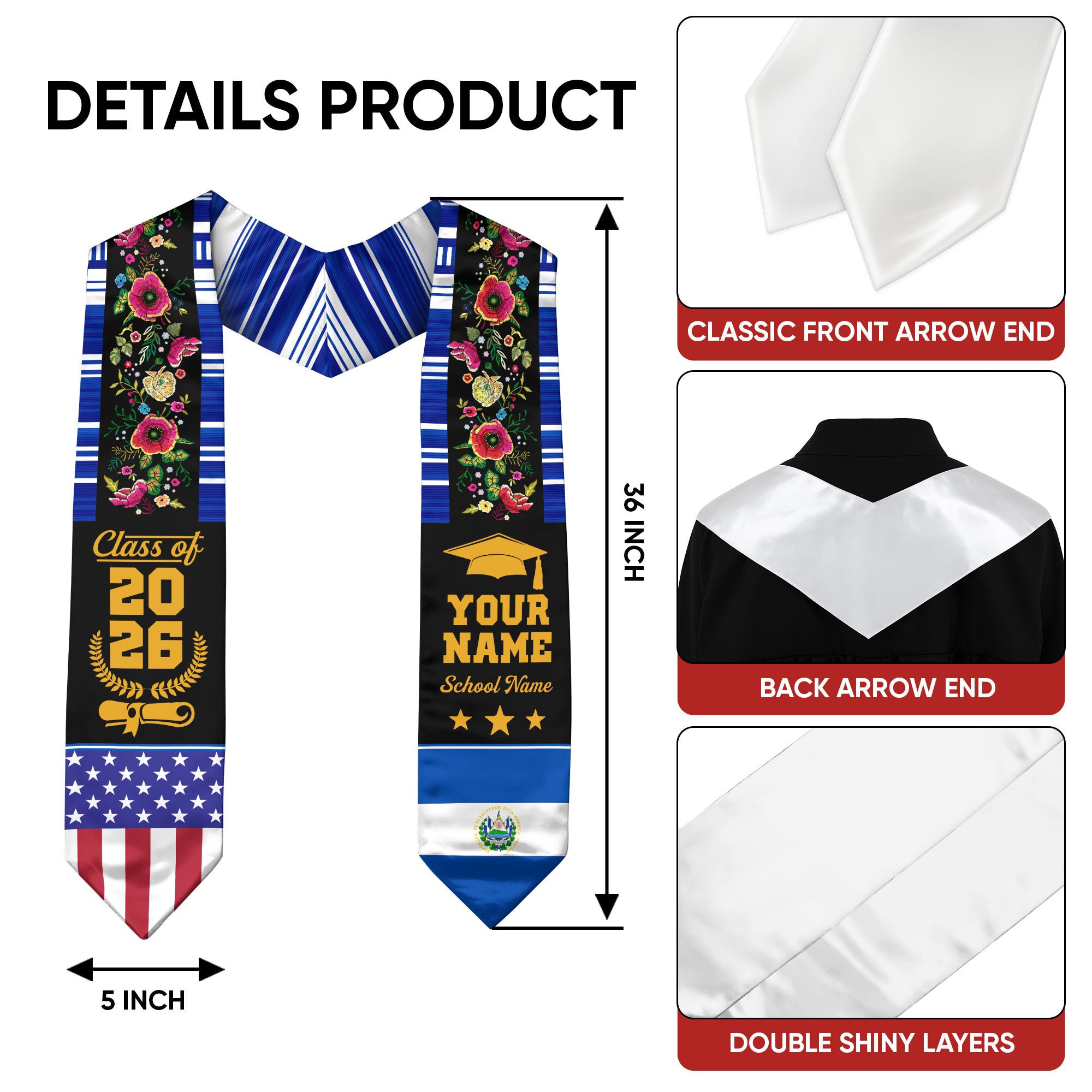 El Salvador Graduation Stole 2026, El Salvador Flag Sash, Custom Detail Option