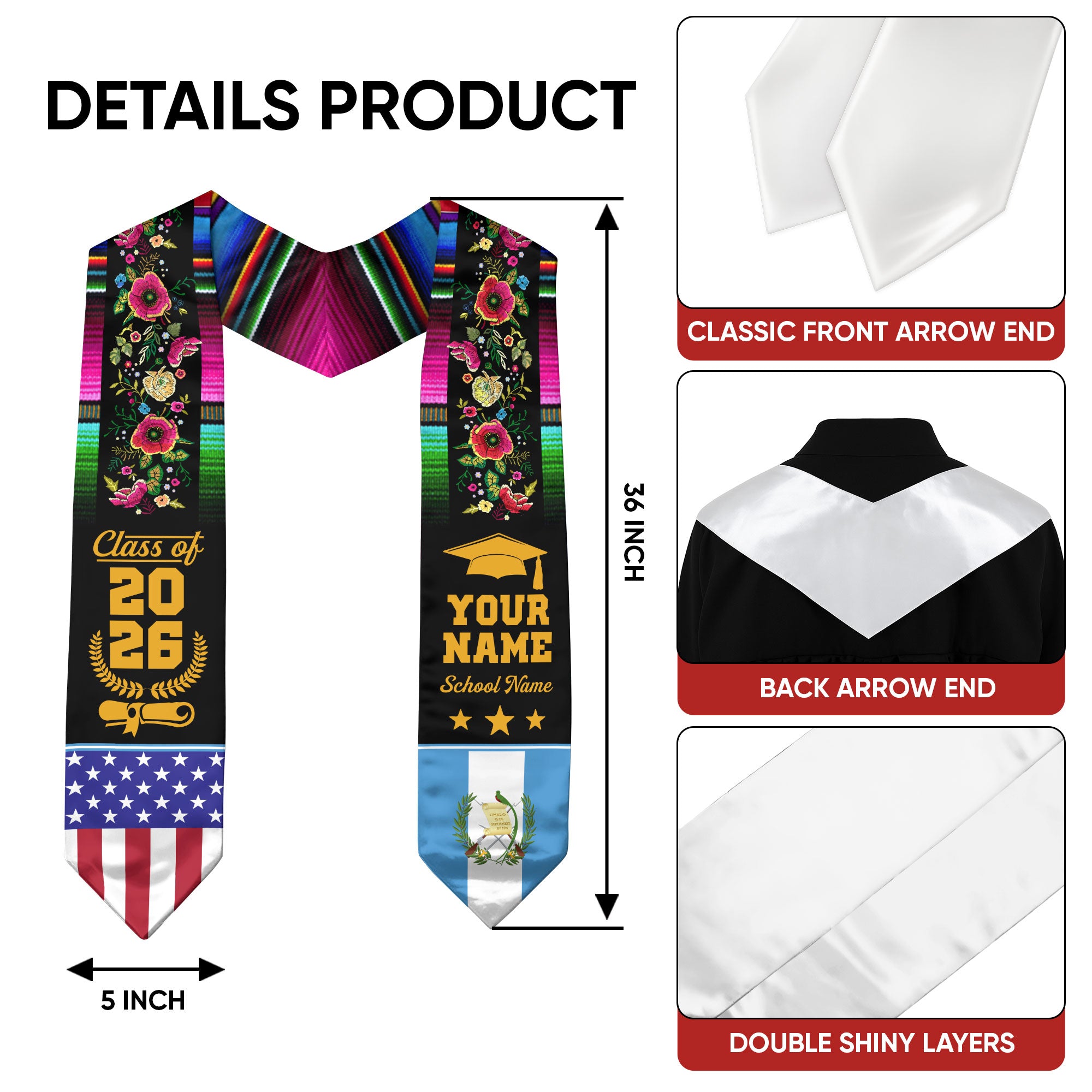 Guatemala Graduation Stole 2026, Guatemalan Flag Sash, Add Custom Detail