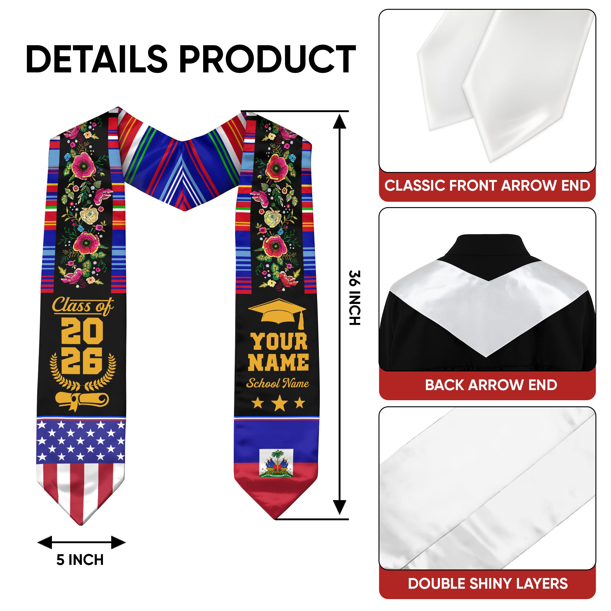 Haiti Graduation Stole 2026, Haitian Flag Sash, Personalized Detail Option