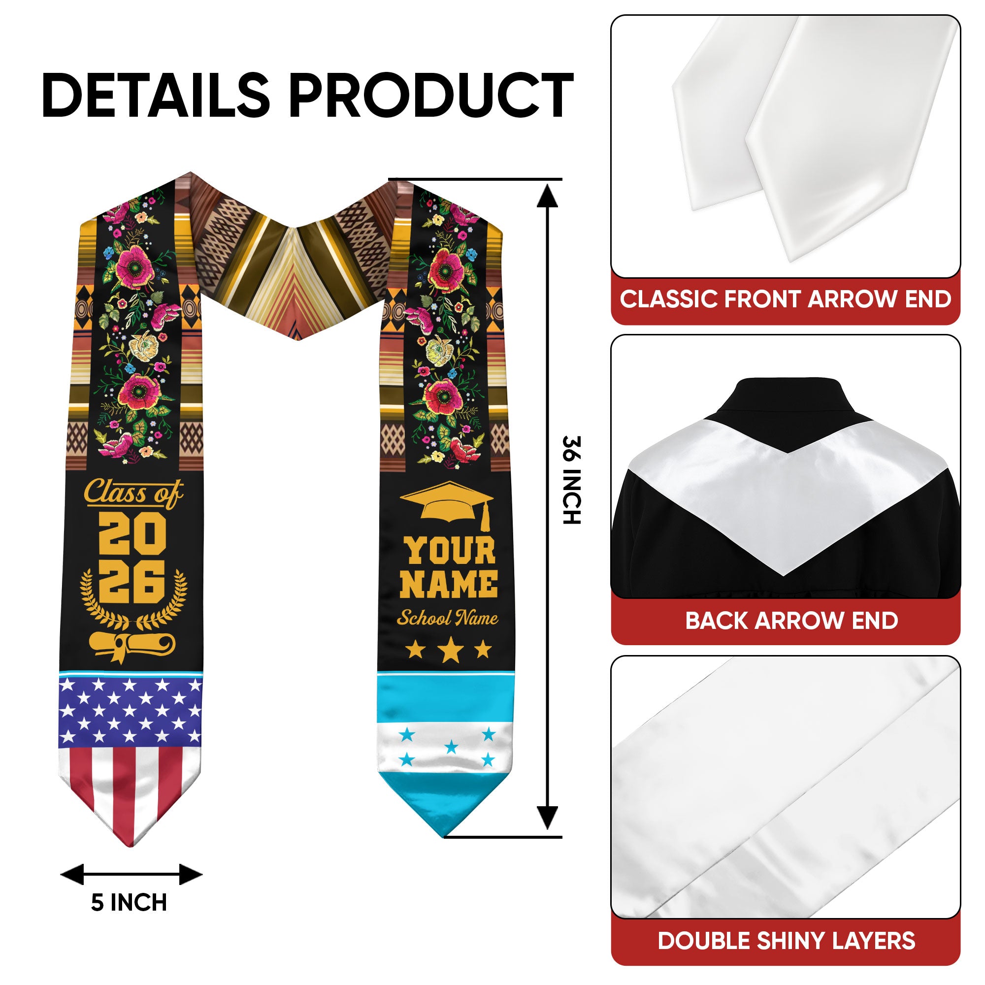 Honduras Graduation Stole 2026, Honduras Flag Sash, Custom Personalization Option