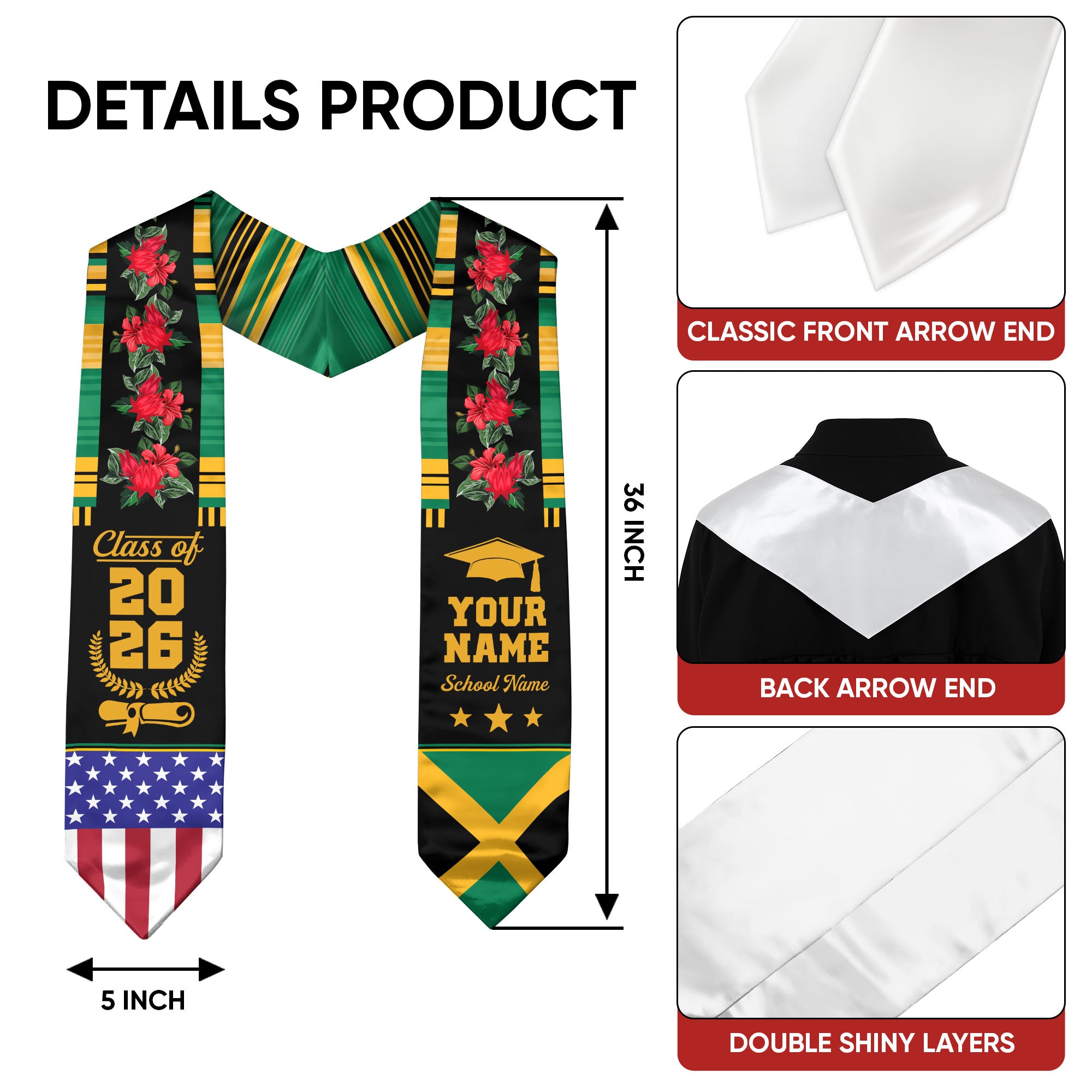 Jamaica Graduation Stole 2026, Jamaican Flag Sash, Add Your Personal Detail
