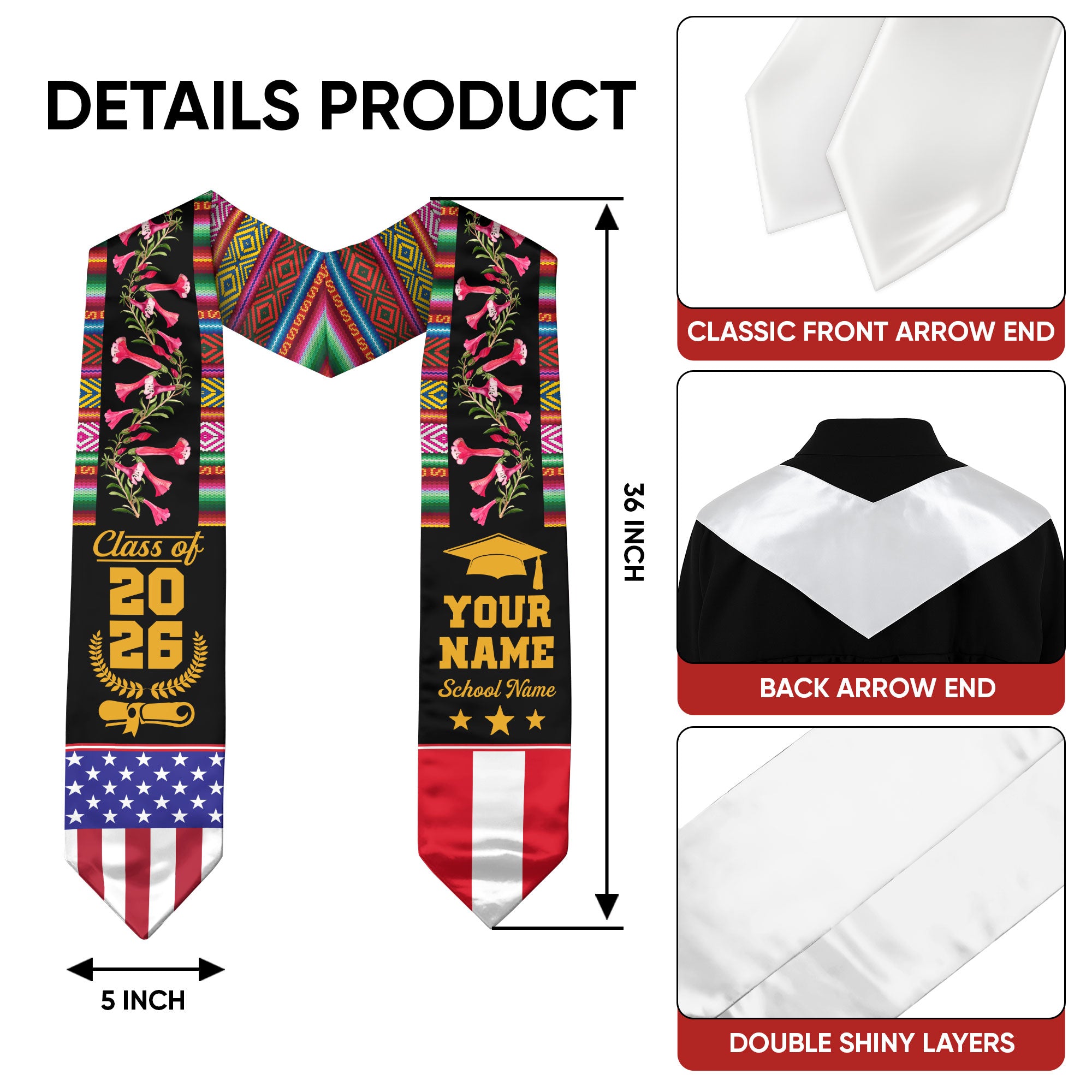 Customized Peru Graduation Stole, Peruvian Flag Stole, Custom Graduation Sash 2026, Class of 2026