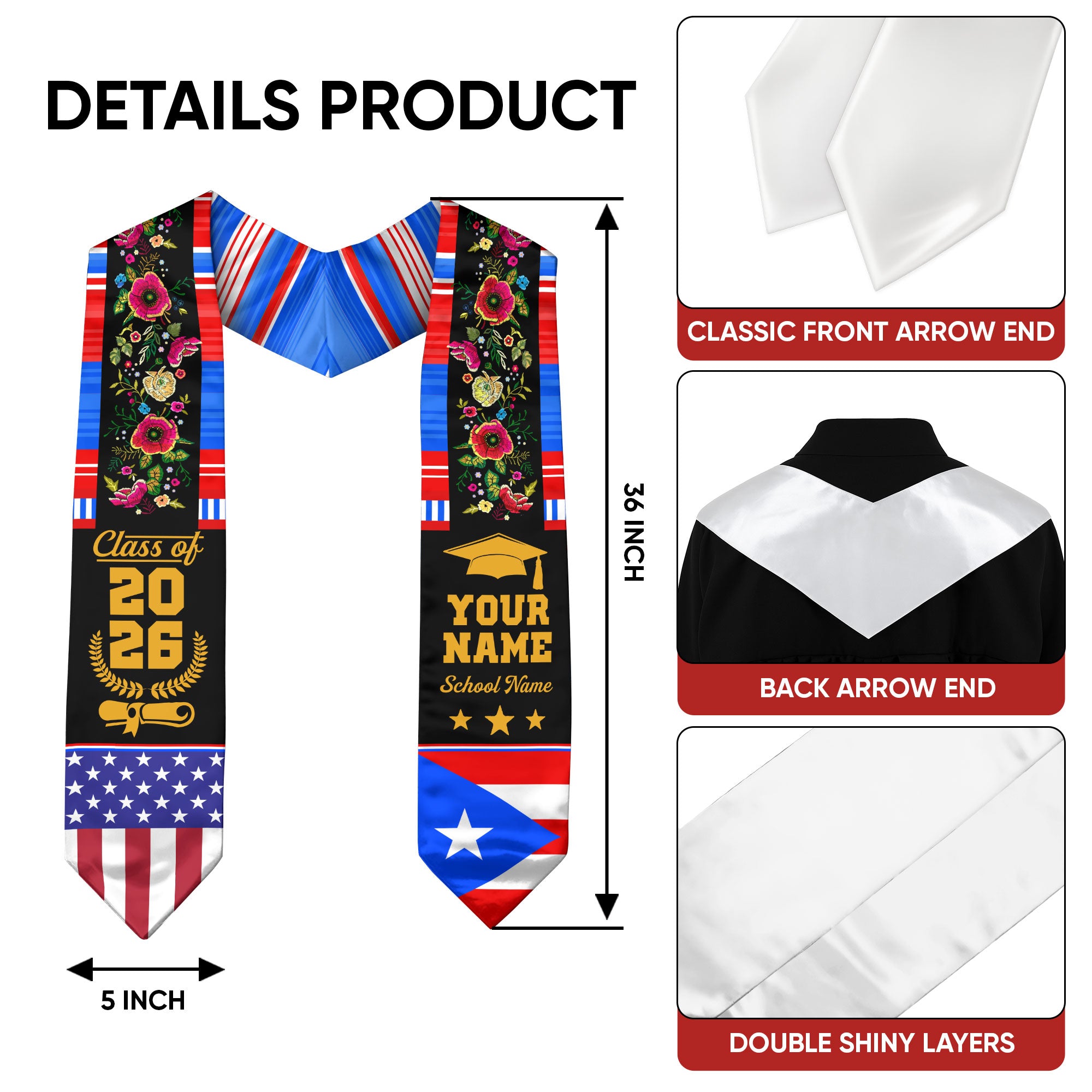 Puerto Rico Graduation Sash 2026, Puerto Rican Flag Stole, Personal Detail Option