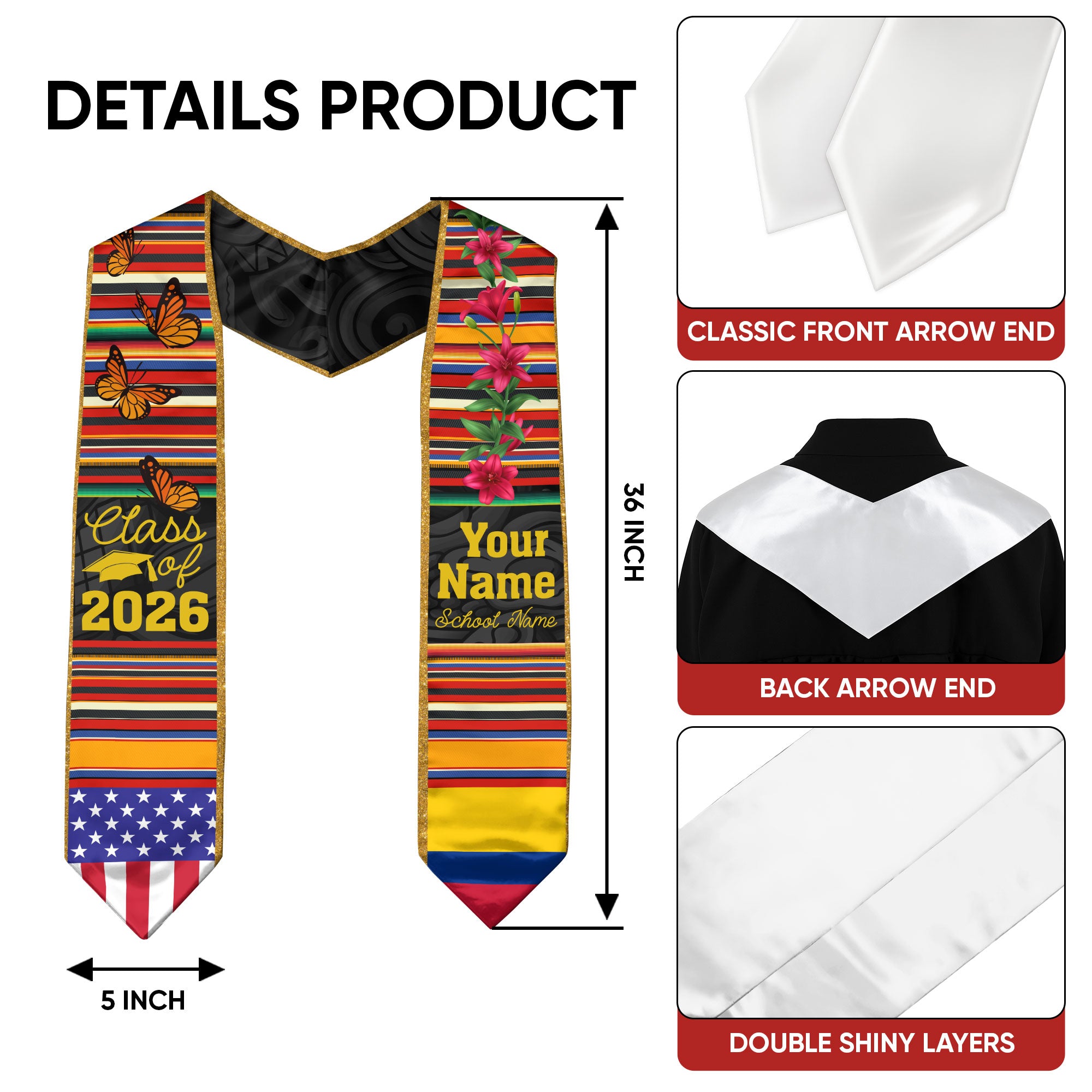 Customized Colombia Graduation Stole, Colombian Flag Design, Graduation Sash 2026, Class of 2026