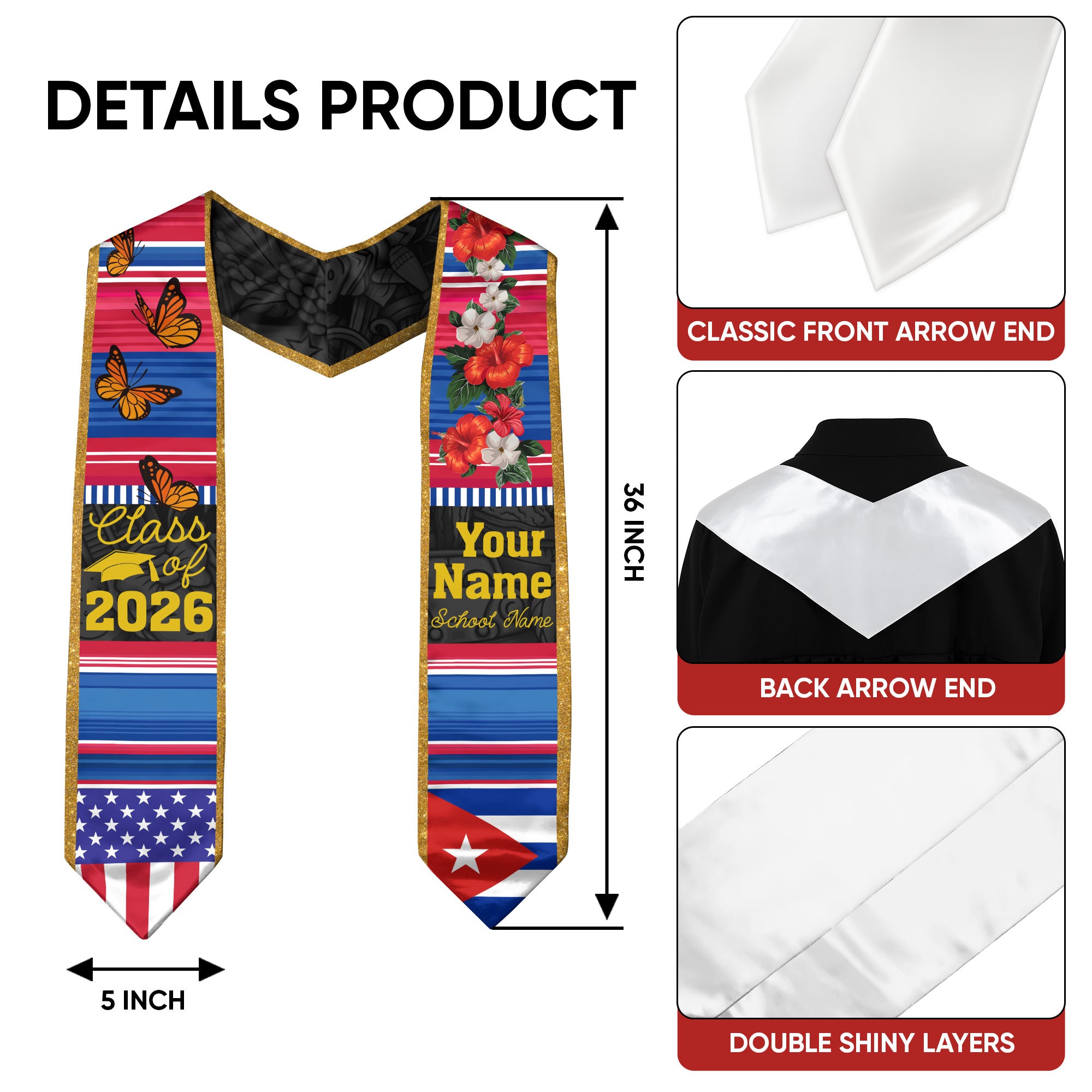 2026 Cuba Flag Graduation Sash, Cuba Stole, Personal Detail Option