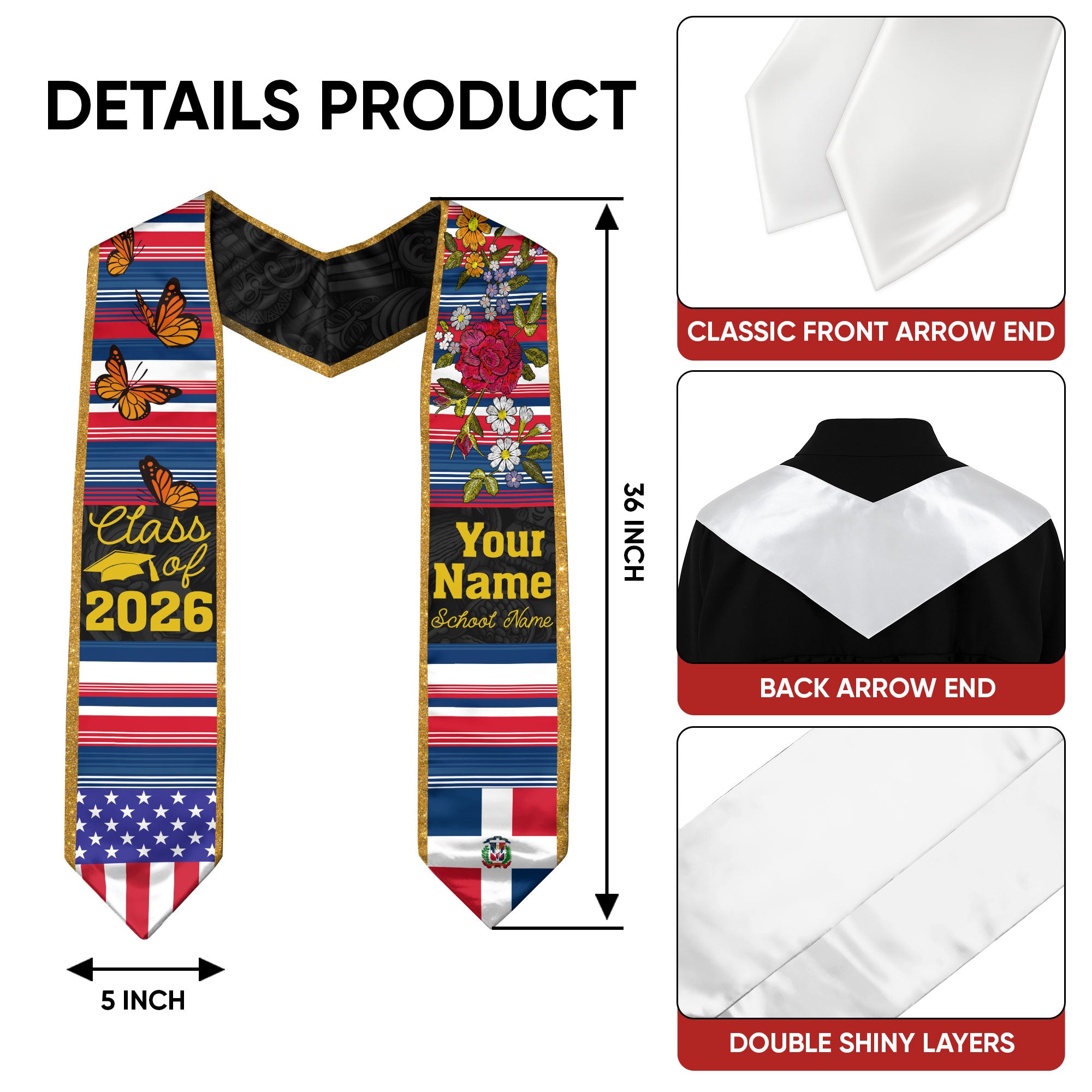 2026 Dominican Republic Flag Graduation Sash, Dominican Stole, Personal Detail