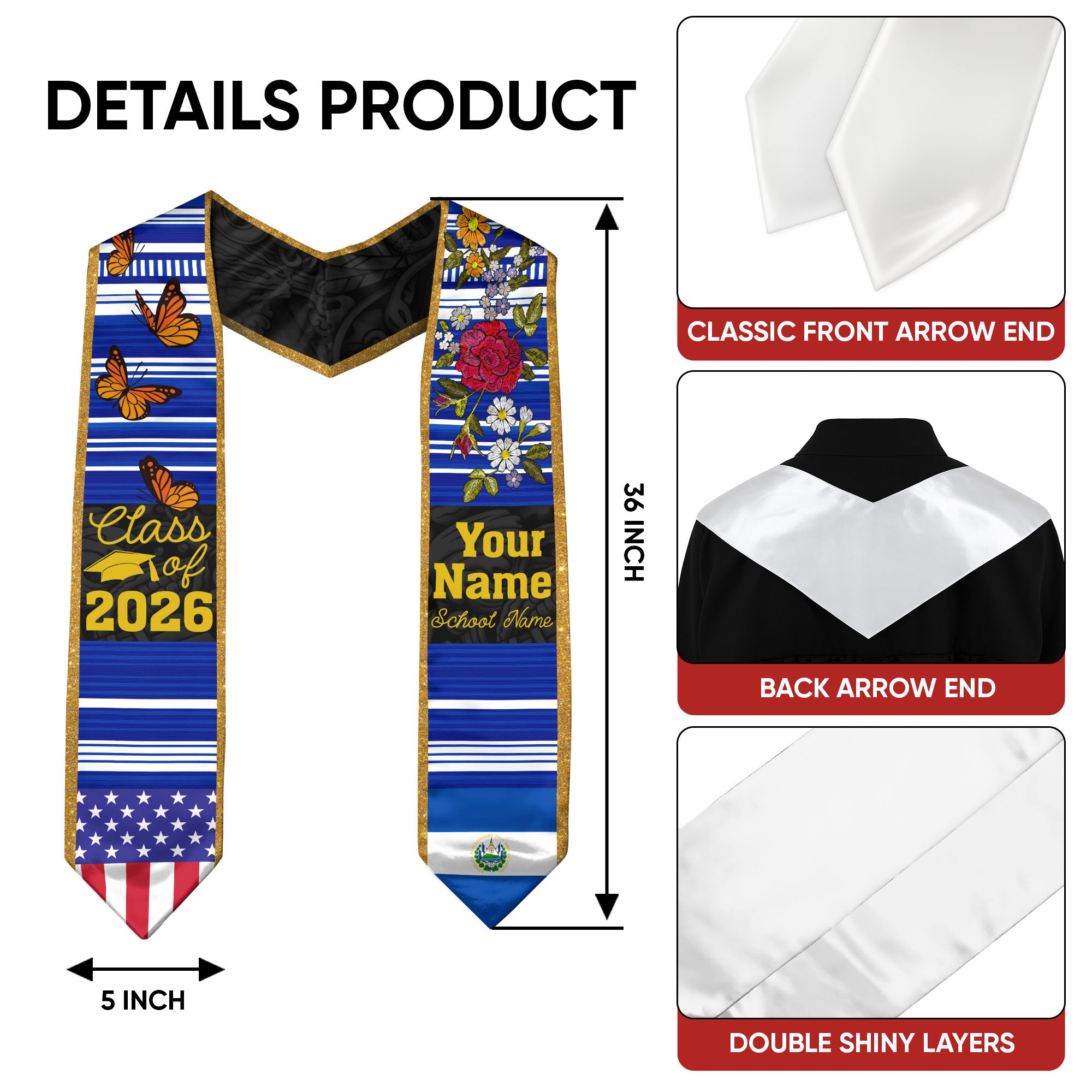 2026 El Salvador Flag Graduation Sash, El Salvador Stole, Personal Detail Option