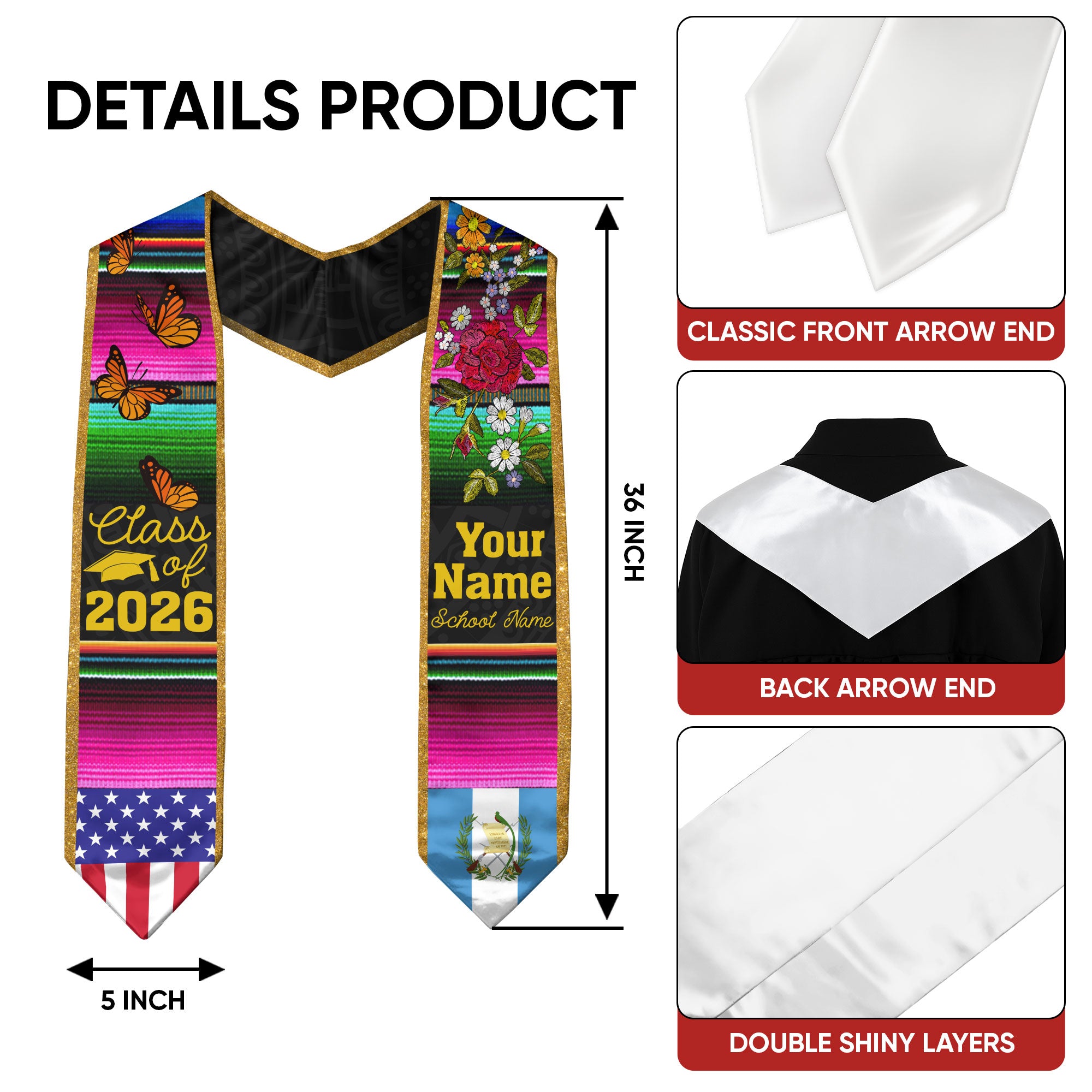 2026 Guatemala Flag Graduation Sash, Guatemala Stole, Personal Detail Option
