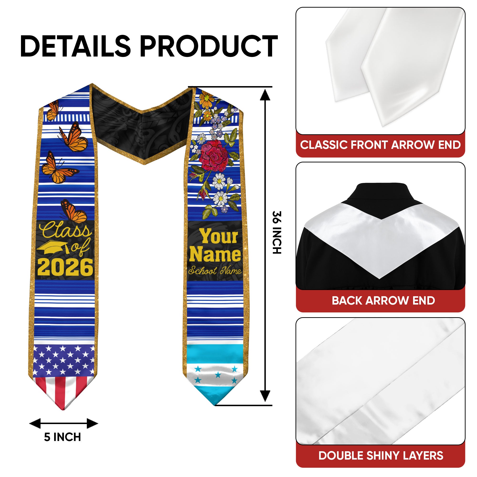 2026 Honduras Flag Graduation Stole, Honduras Sash, Add Personalized Detail
