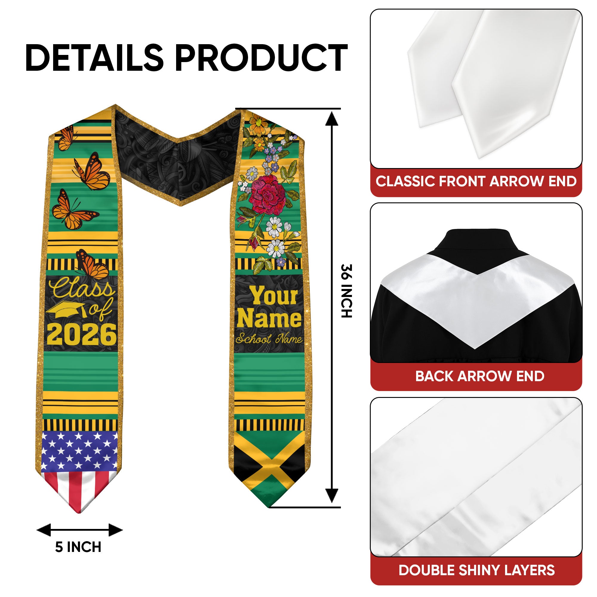2026 Jamaica Flag Graduation Sash, Jamaica Stole, Optional Personalized Detail