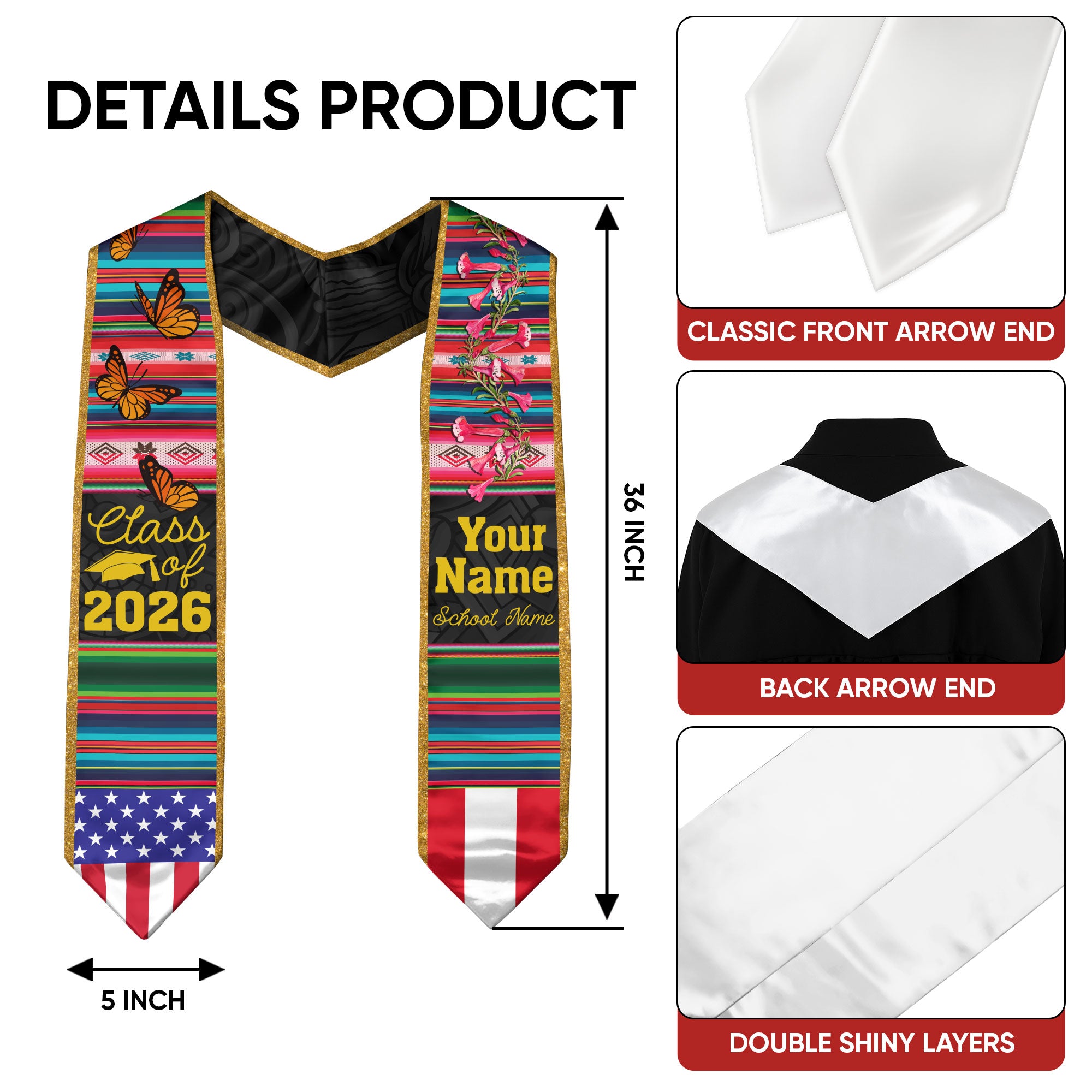 Customized Peru Graduation Stole, Peruvian Flag Design, Graduation Sash 2026, Class of 2026