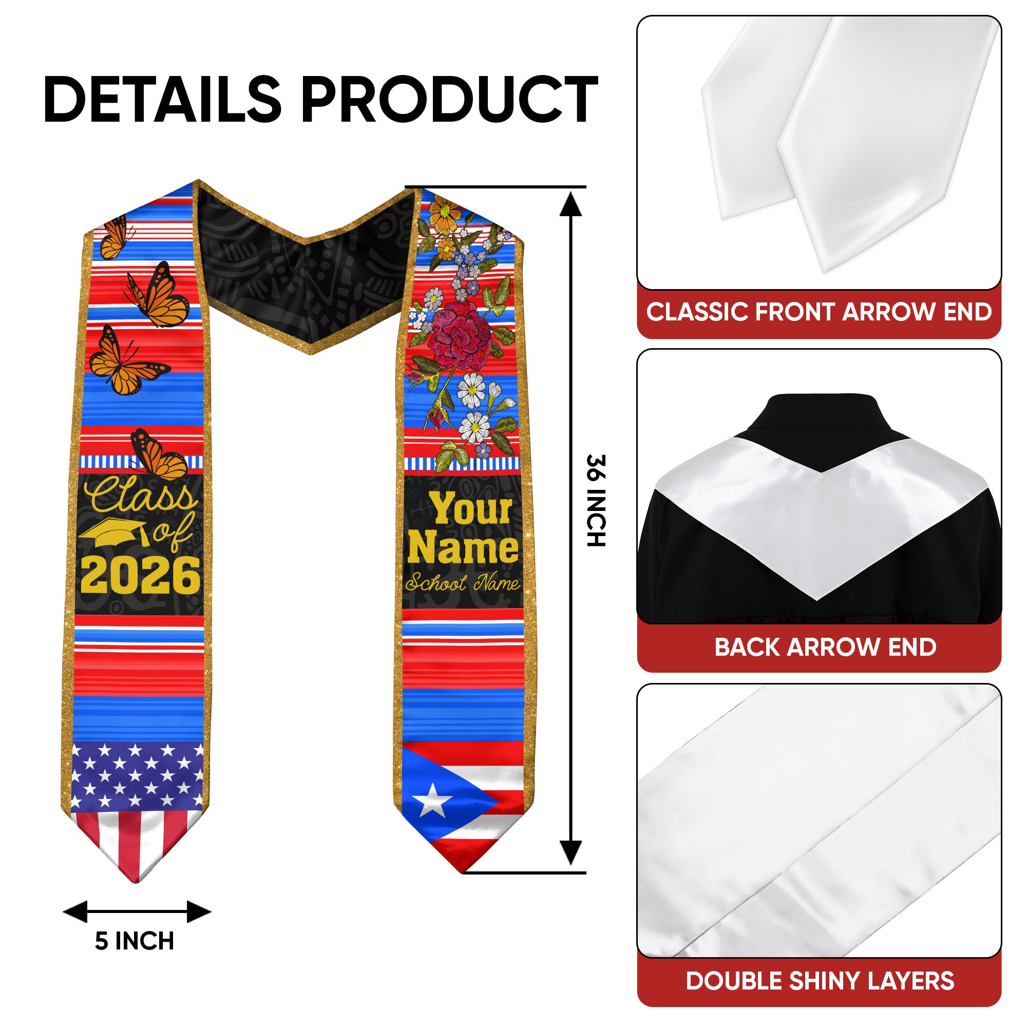 2026 Puerto Rico Flag Graduation Stole, Puerto Rican Sash, Personalized Detail