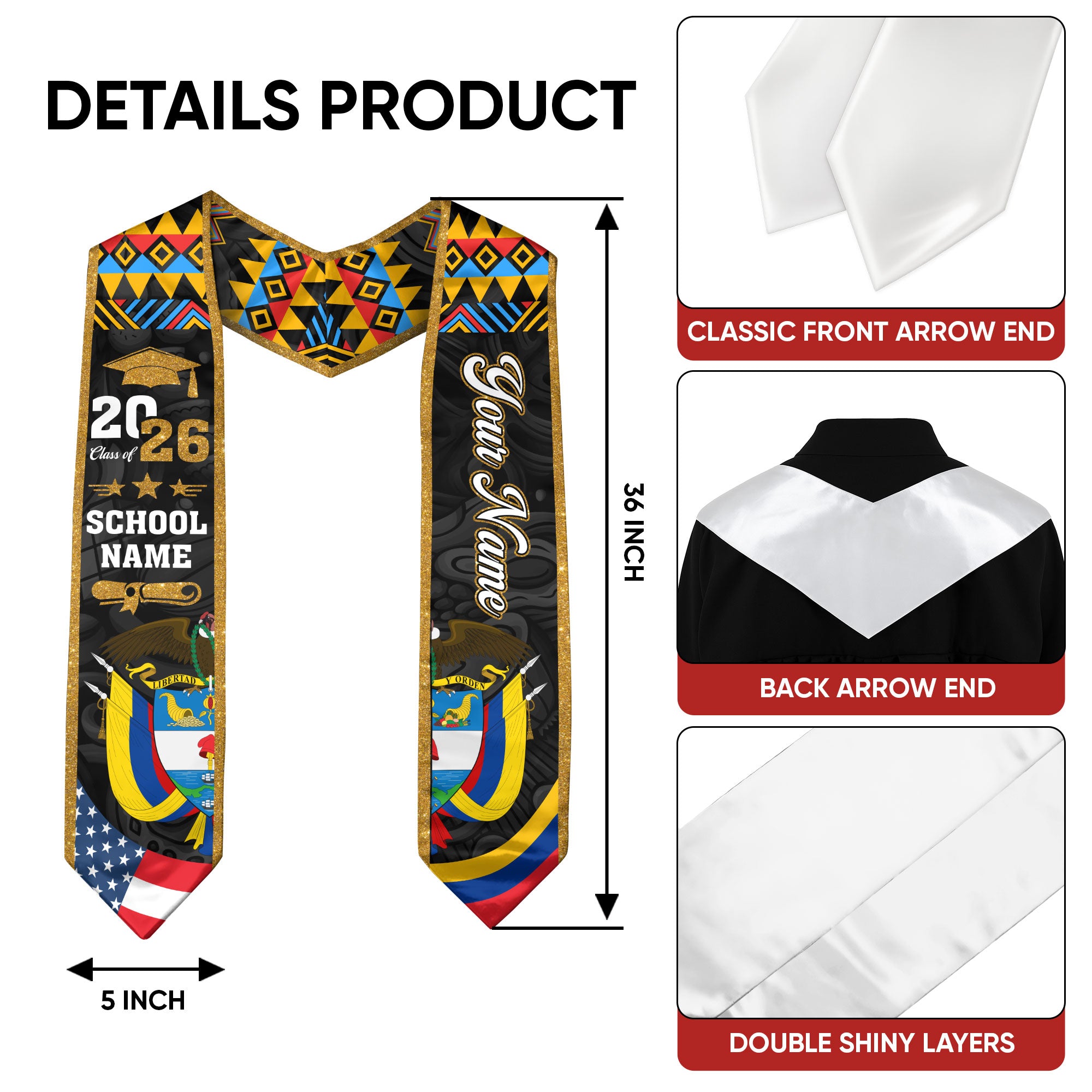Customized Colombia Graduation Stole, Colombian Flag Stole, Graduation Sash for Graduates 2026