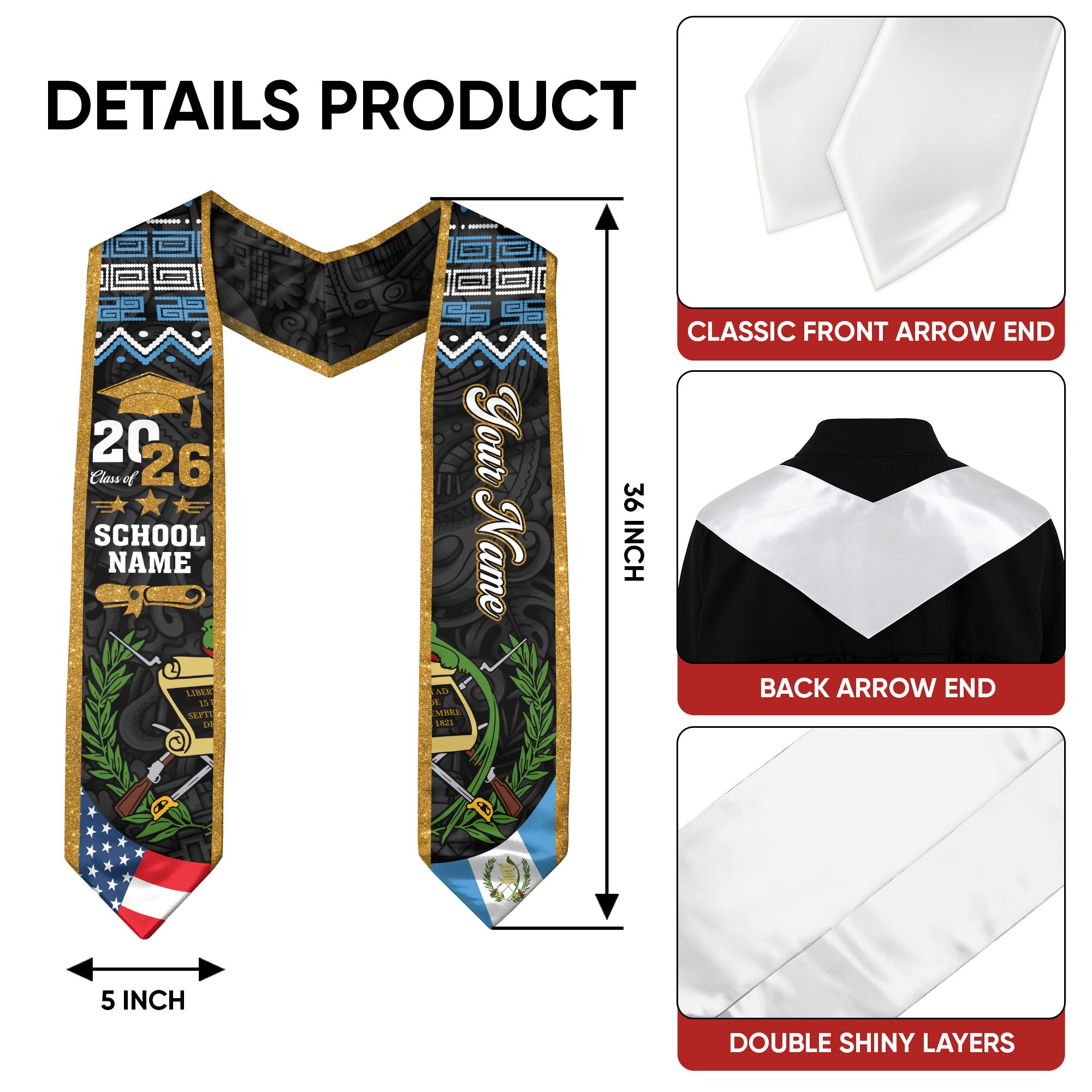 Guatemala Flag Sash 2026, Guatemala Graduation Stole, Add Custom Detail
