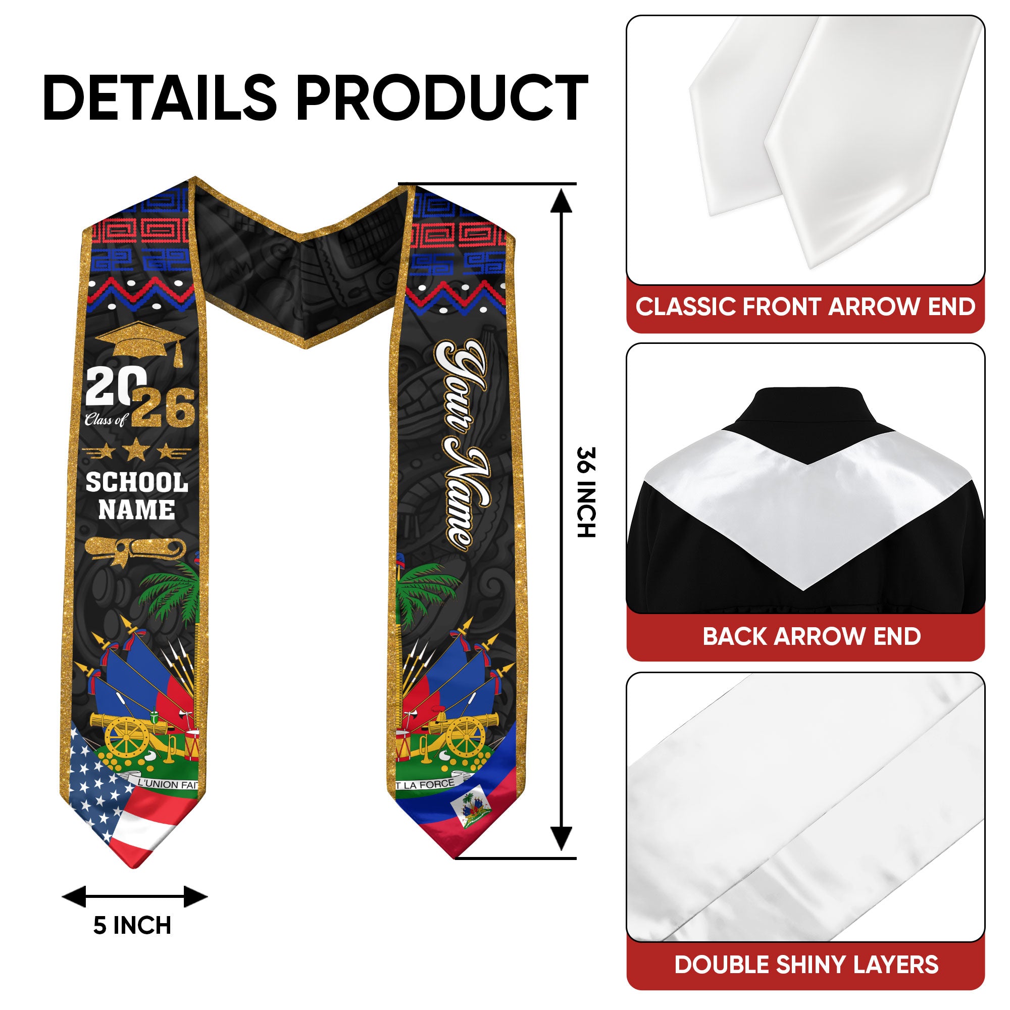 Haiti Flag Graduation Stole 2026, Haiti Sash, Custom Personalization Option