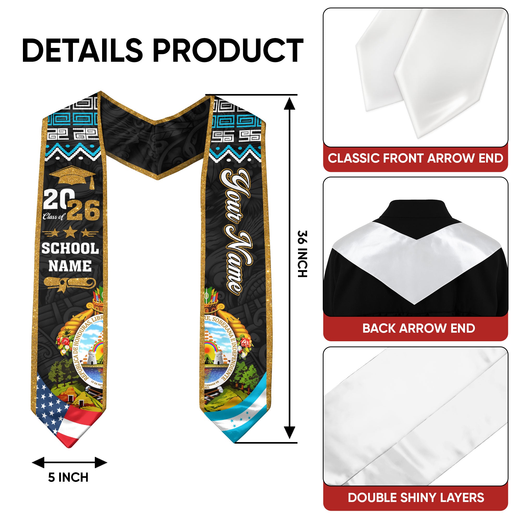 Honduras Flag Sash 2026, Honduras Graduation Stole, Custom Detail Option