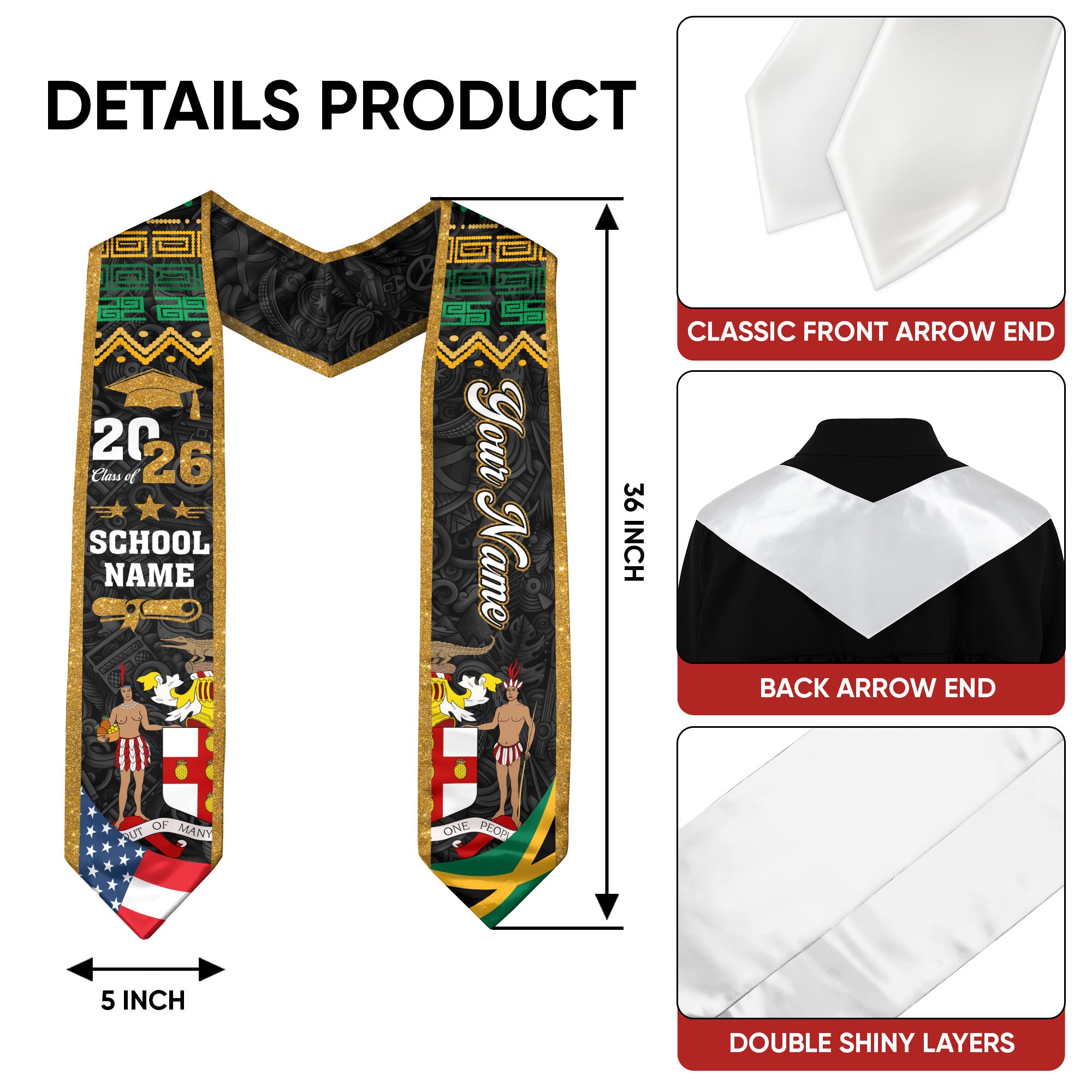 Jamaica Flag Sash 2026, Jamaican Graduation Stole, Add Custom Detail Option