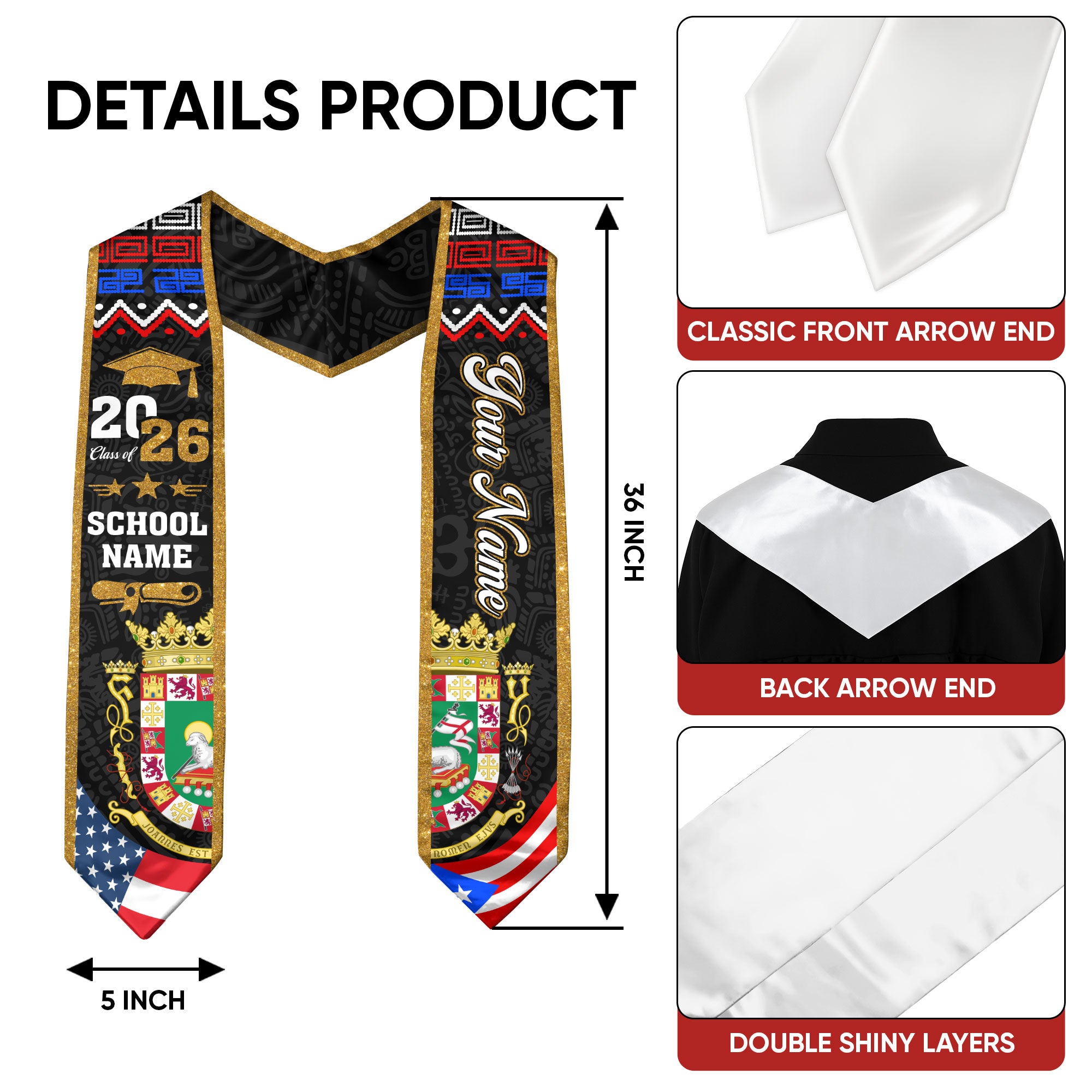Puerto Rico Graduation Stole 2026, Puerto Rican Flag Sash, Add Your Personal Detail