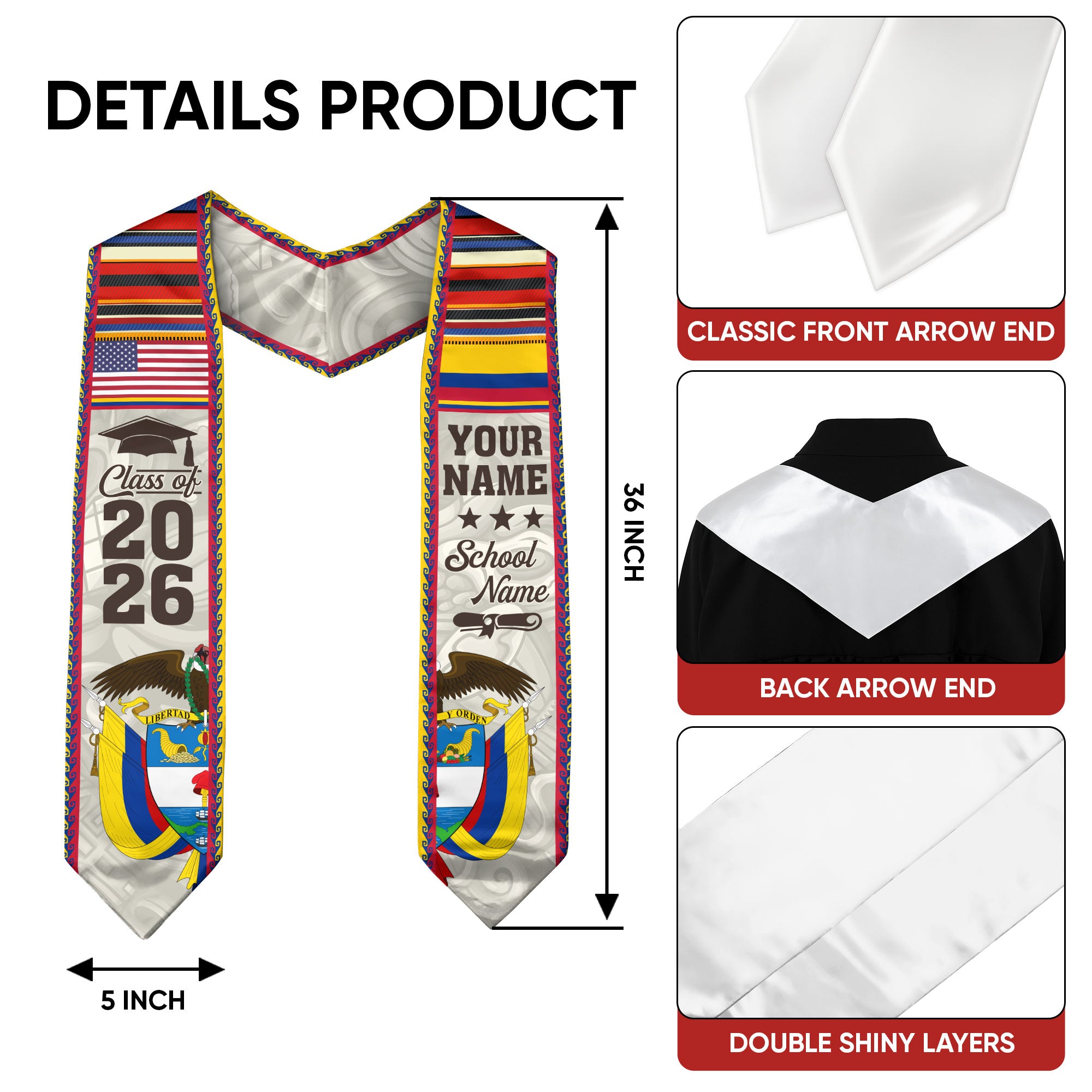 Customized Colombia American Graduation Stole, Colombia Flag Graduation Sash, Class of 2026
