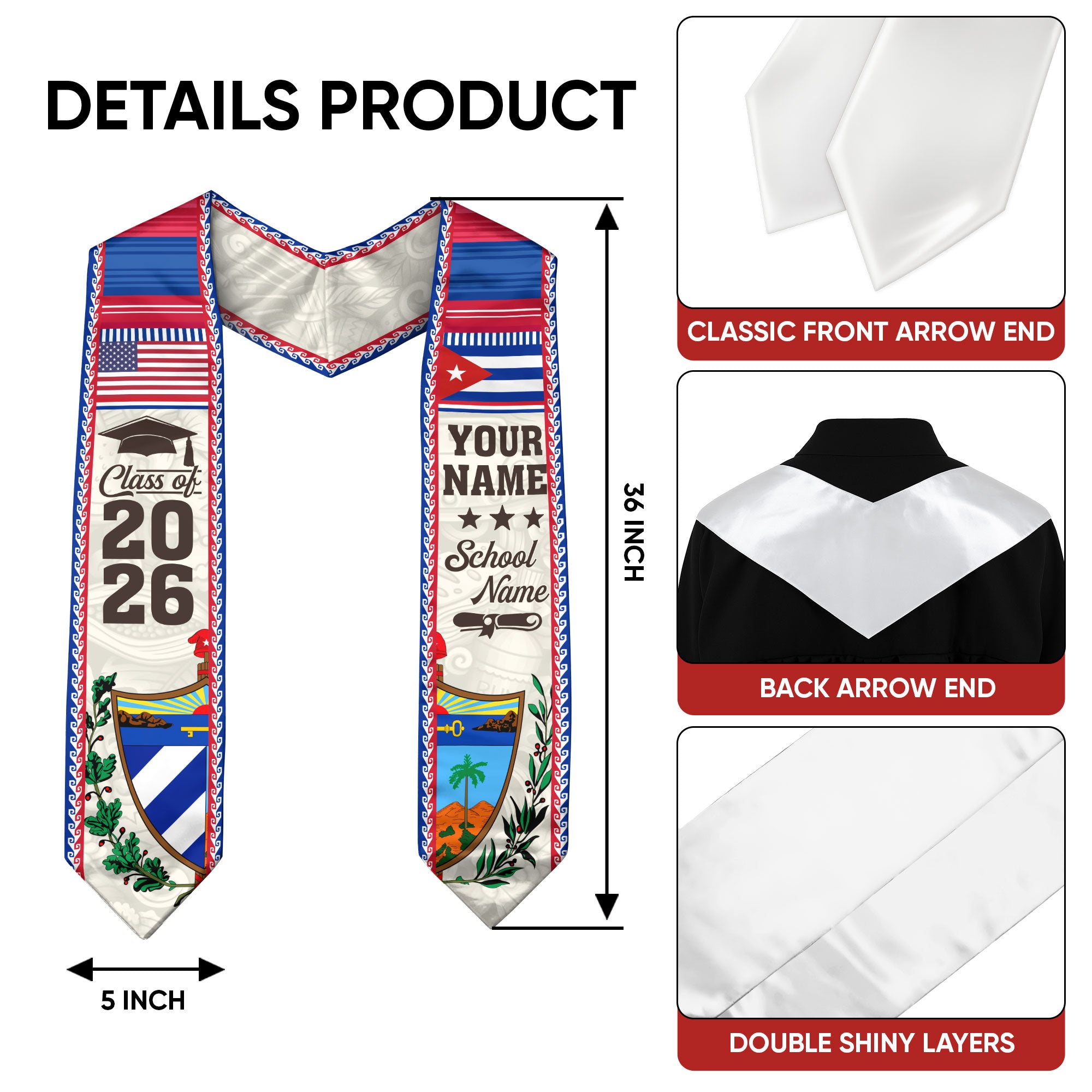 2026 Cuba Graduation Sash, Cuban Flag Stole, Personalized Detail Option