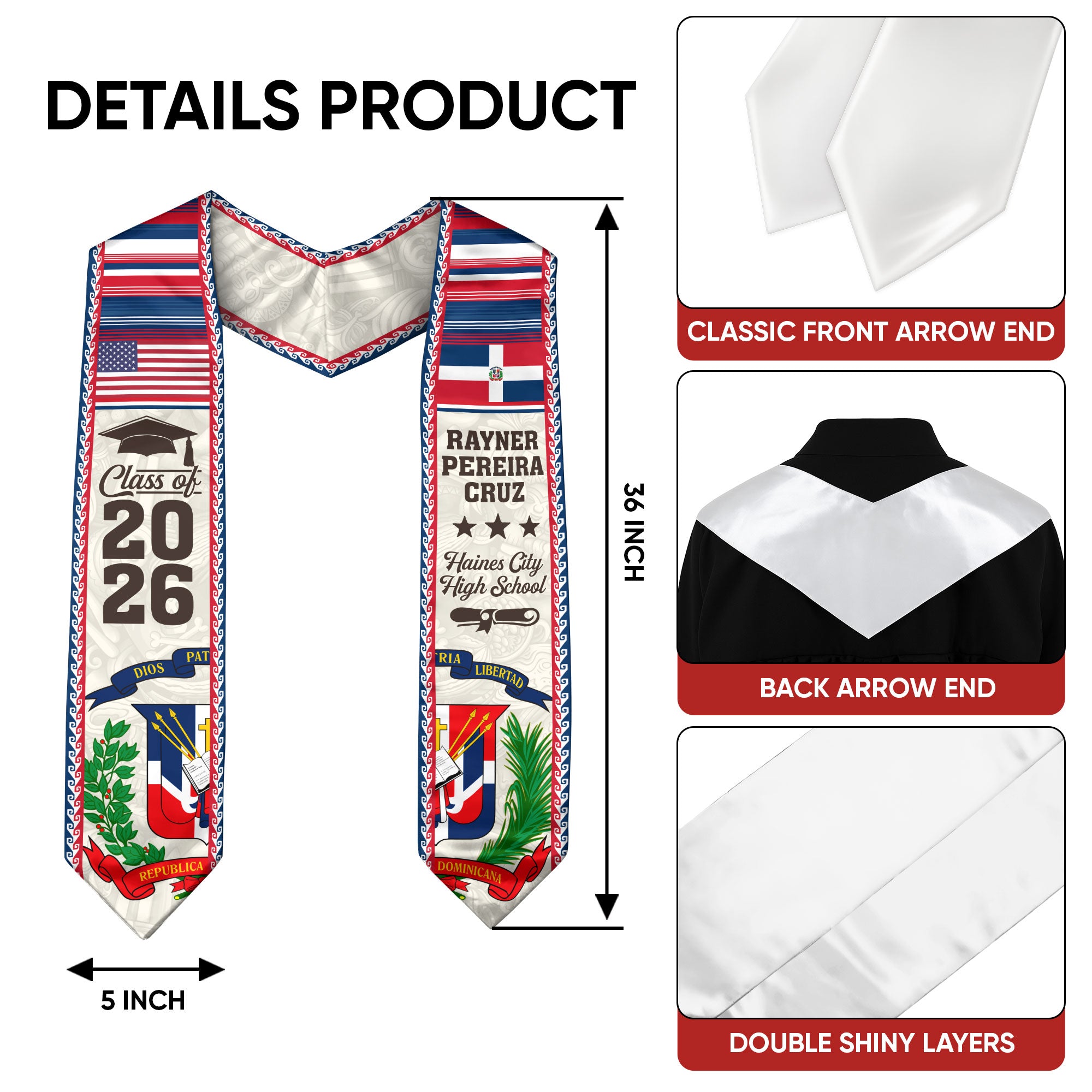 2026 Dominican Republic Graduation Stole, Dominican Flag Sash, Personal Detail