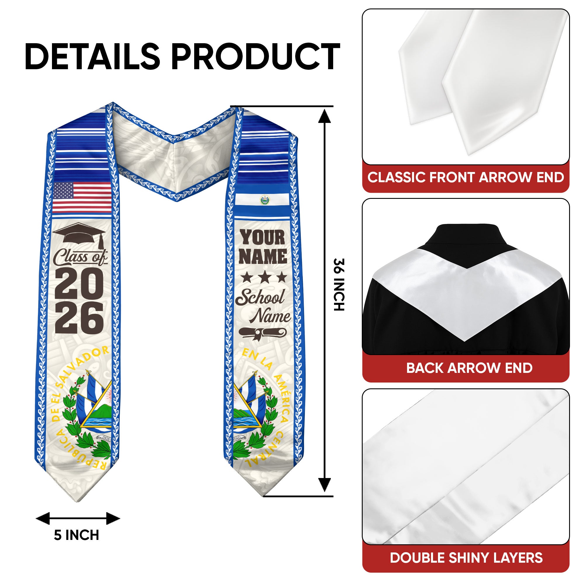 2026 El Salvador Graduation Stole, El Salvador Flag Sash, Personal Detail Option