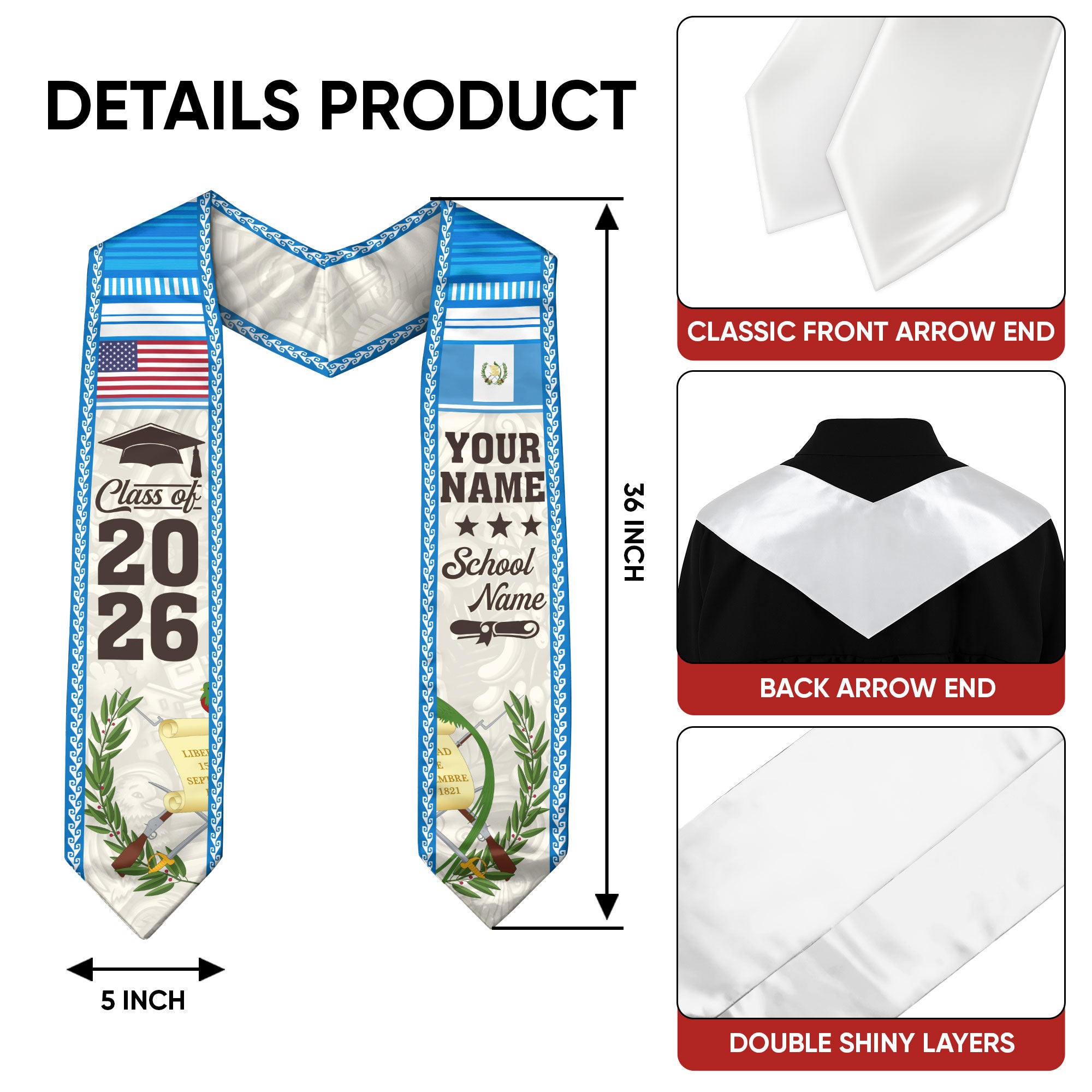 2026 Guatemala Graduation Stole, Guatemalan Flag Sash, Personalized Detail Option