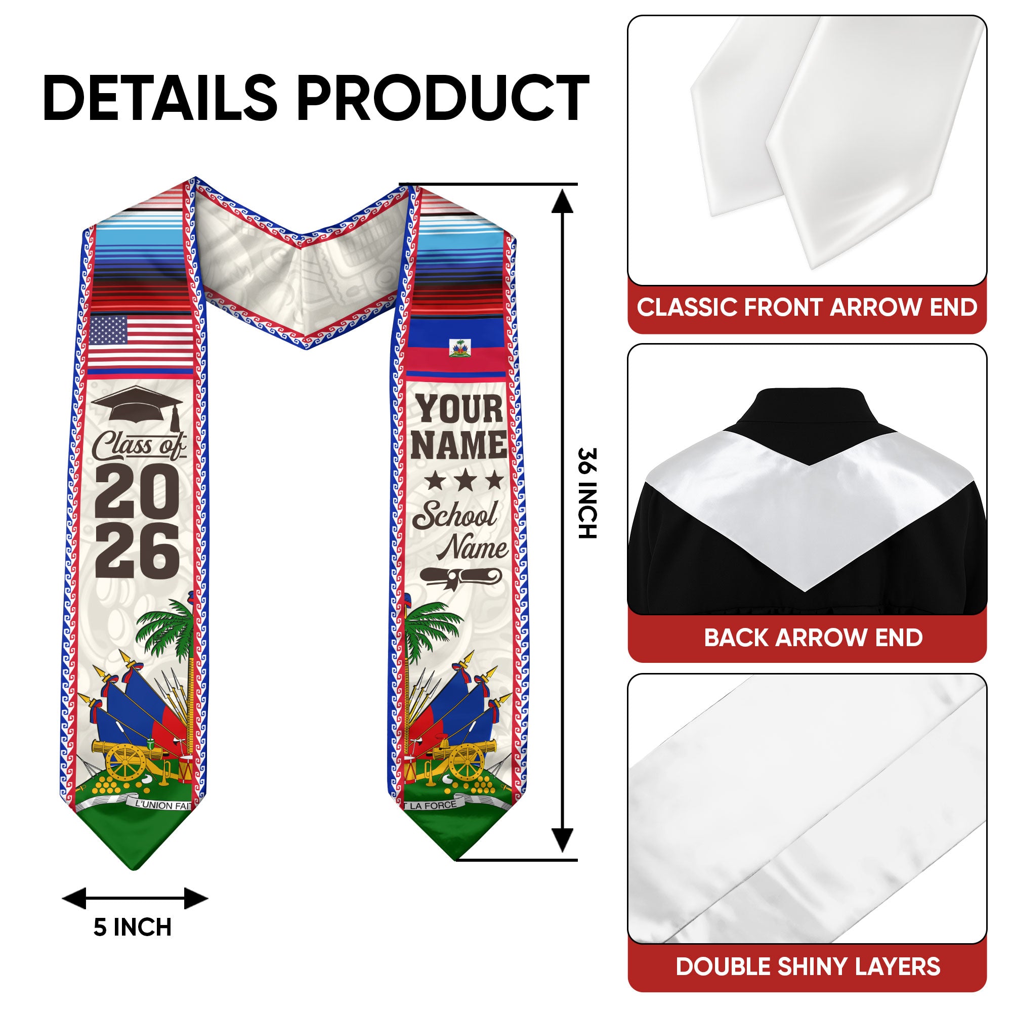 2026 Haiti Graduation Sash, Haitian Flag Stole, Personalized Detail Option