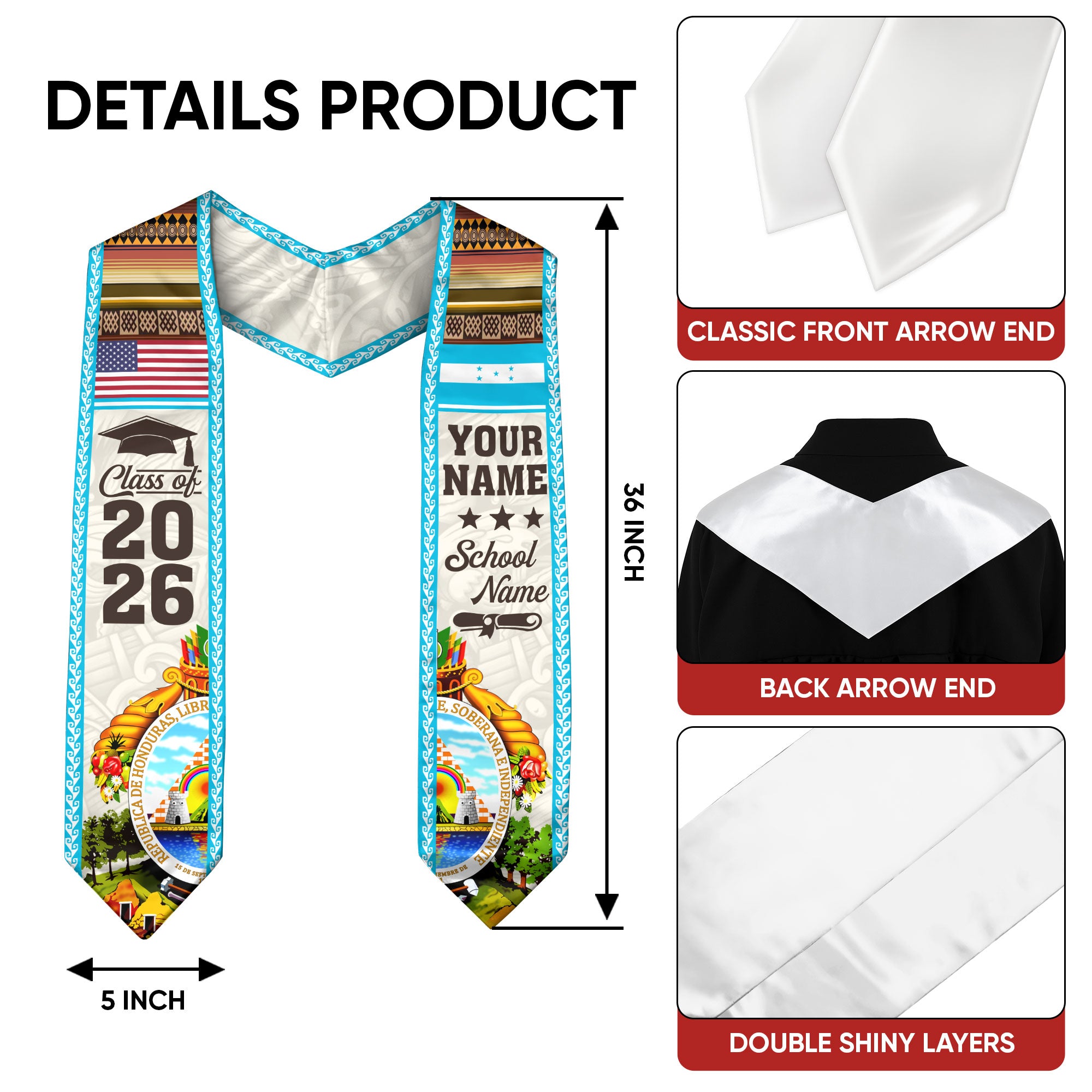 2026 Honduras Graduation Stole, Honduras Flag Sash, Personalized Detail Option