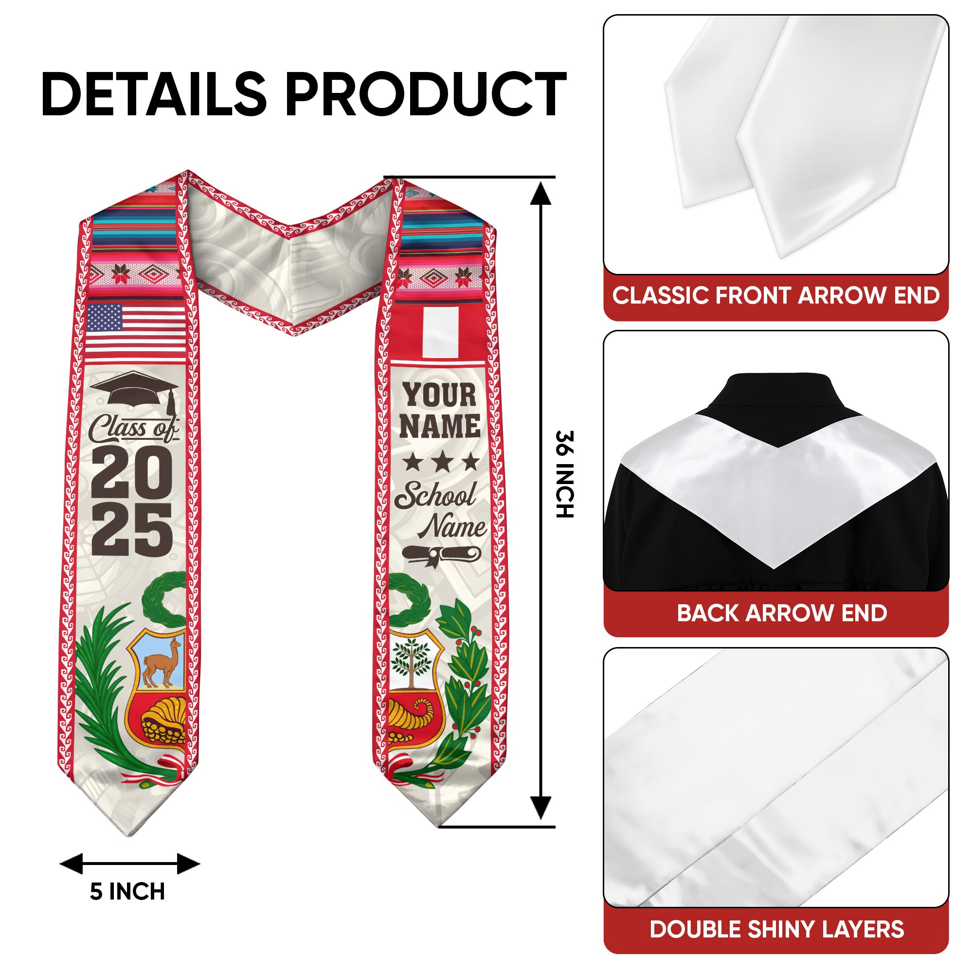 Customized Peru American Graduation Stole, Peru Flag Graduation Sash, Class of 2026