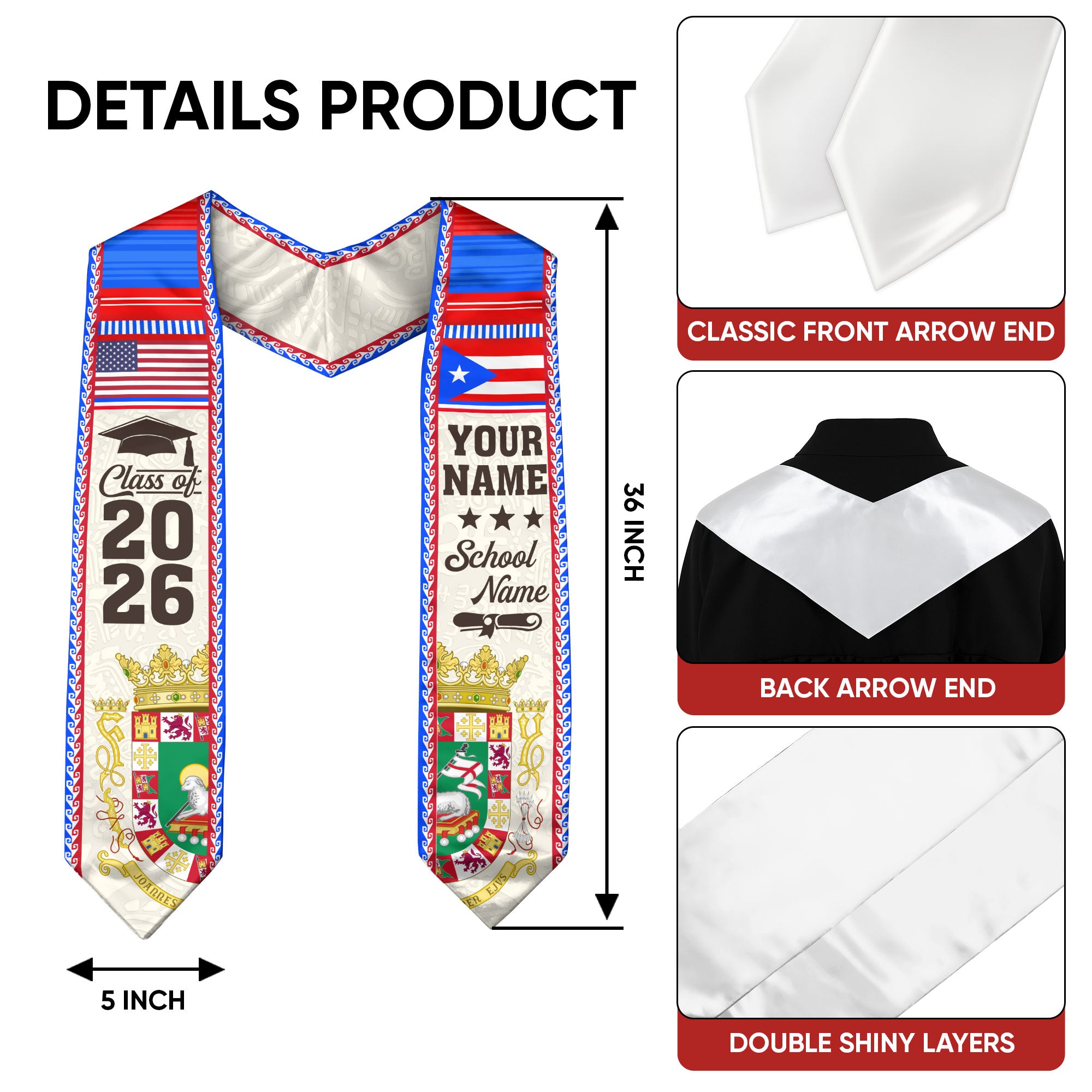 2026 Puerto Rico Flag Sash, Graduation Stole, Personal Detail Option for Grads