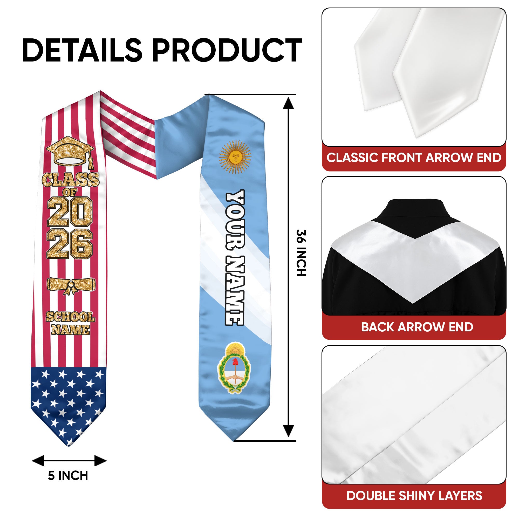 Customized Argentina Graduation Stole with National Flag Accent, Graduation Sash 2026, Class of 2026