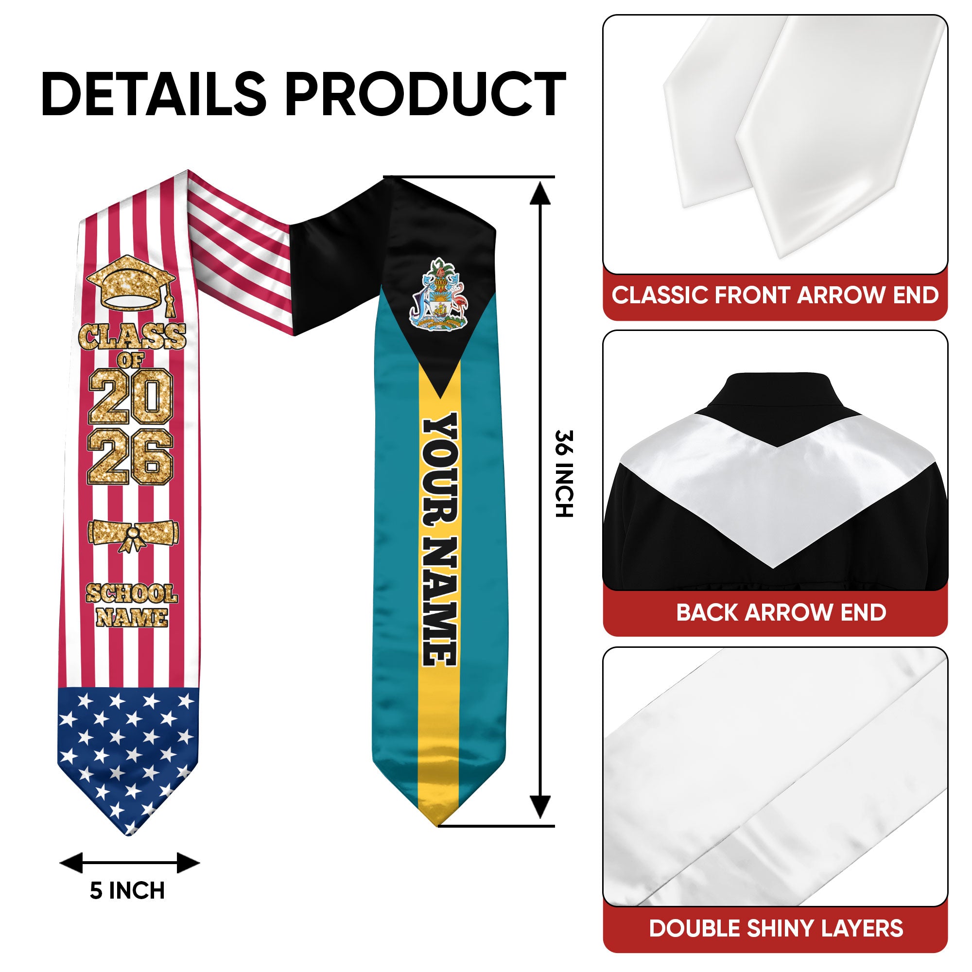Customized Bahamas Graduation Stole with Island Flag Accent, Graduation Sash 2026, Class of 2026
