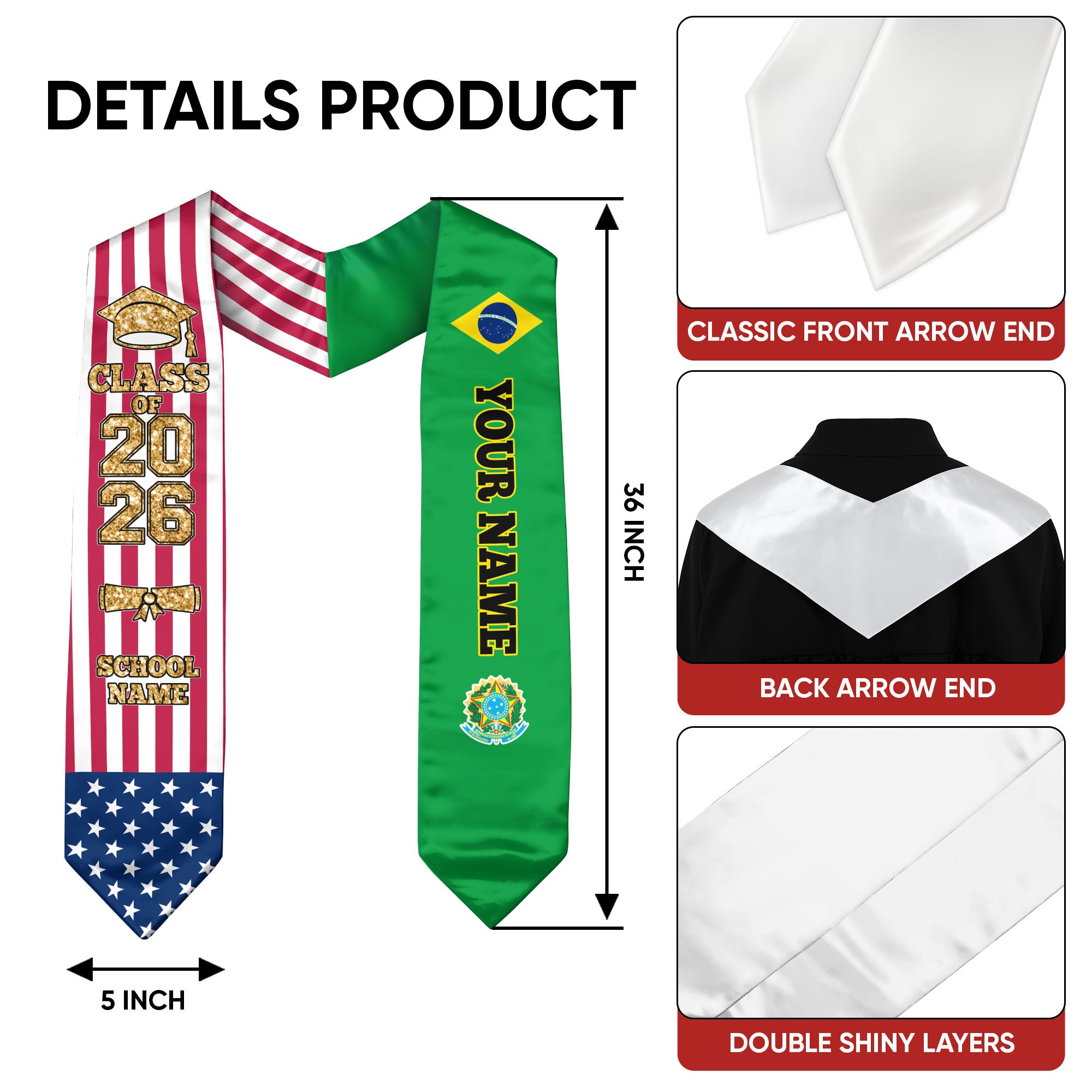 Customized Brazil Graduation Stole Featuring Brazilian Flag Colors, Graduation Sash 2026, Class of 2026