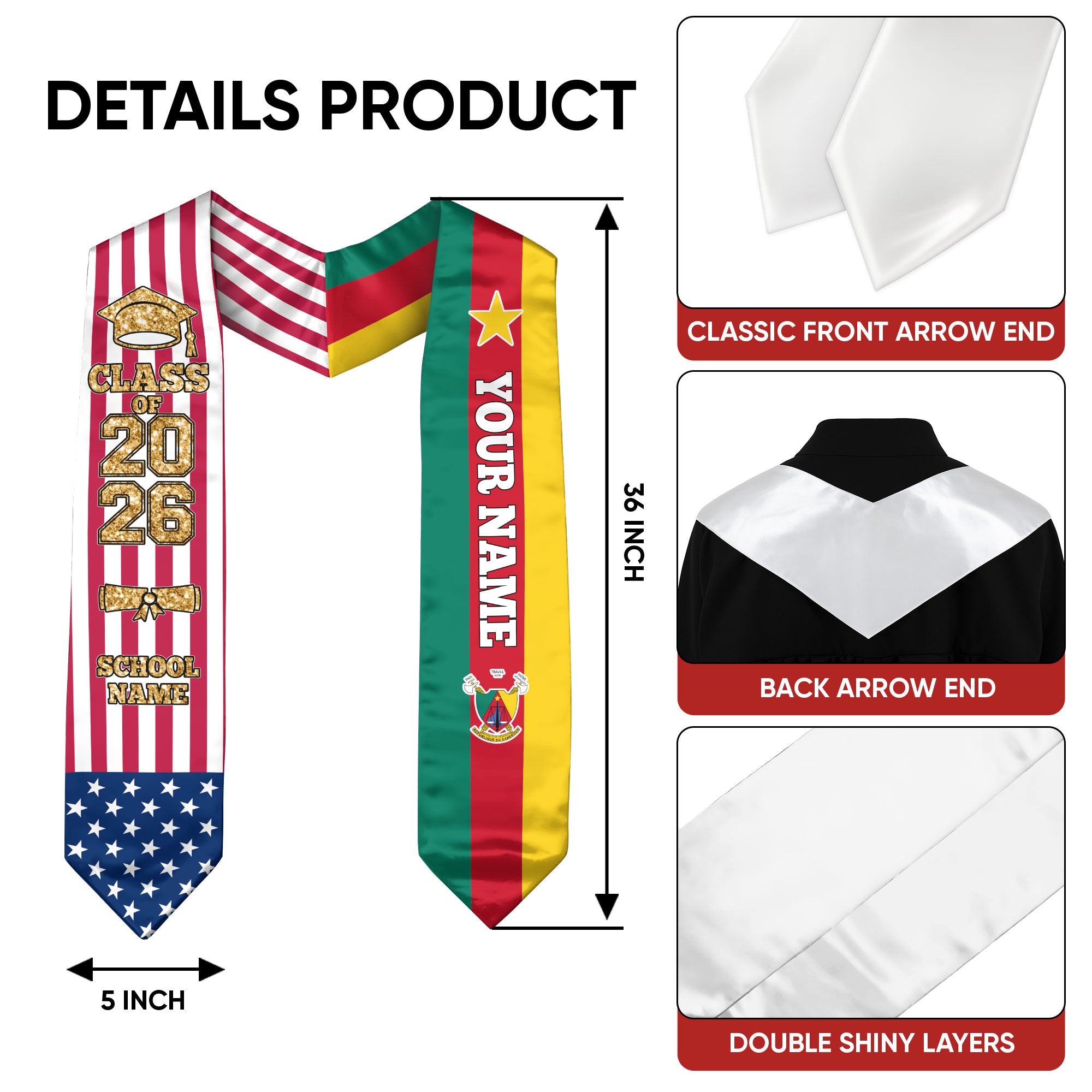 Customized Cameroon Graduation Stole with National Flag Feature, Graduation Sash 2026, Class of 2026